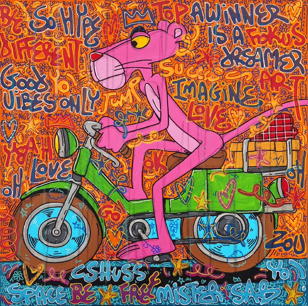 Peinture street art format xxl orange et rose A winner is a dreamer – RICO SAB – 100 × 100 cm