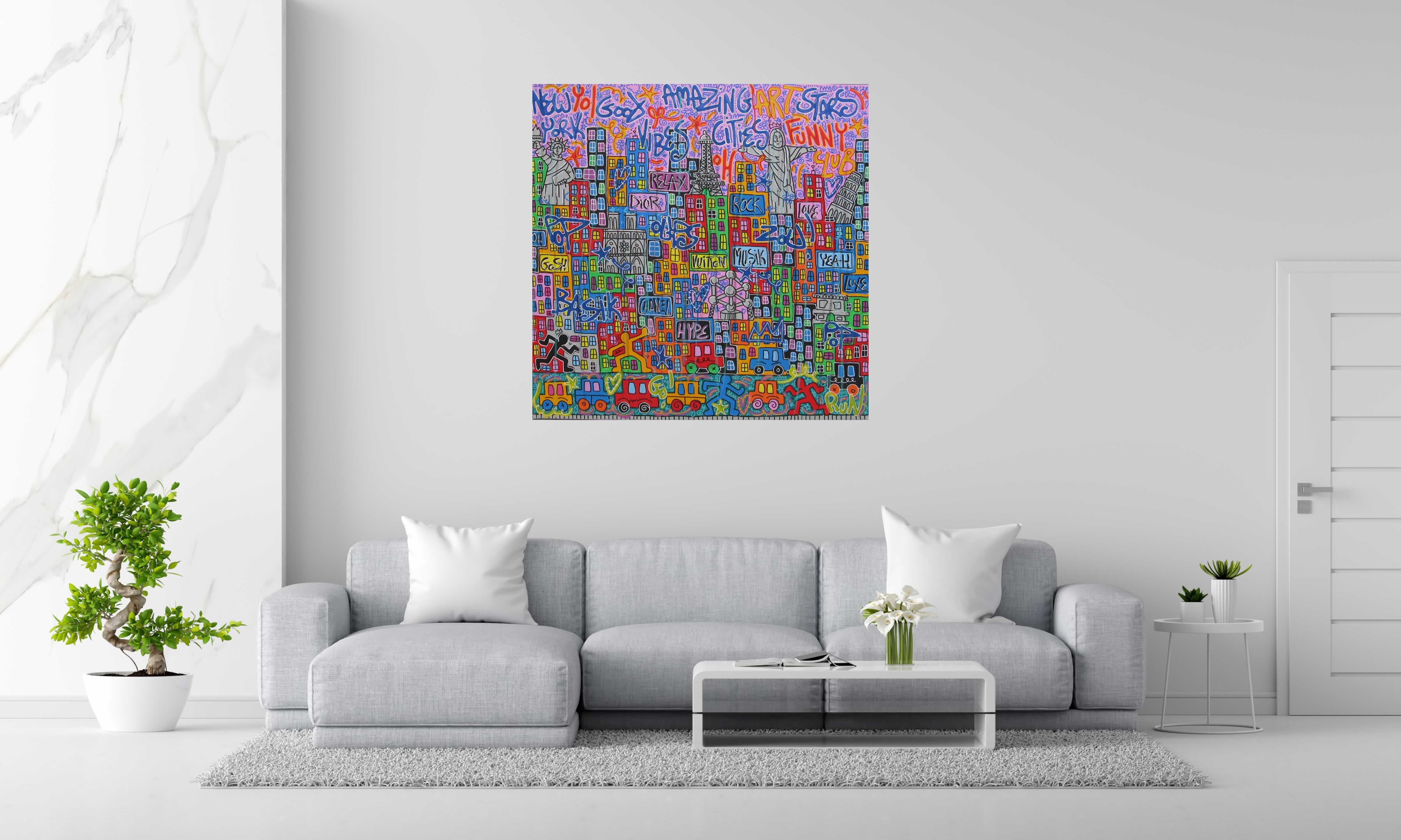 Peinture Funny stars de RICO SAB dans un intérieur – 120 × 120 cm