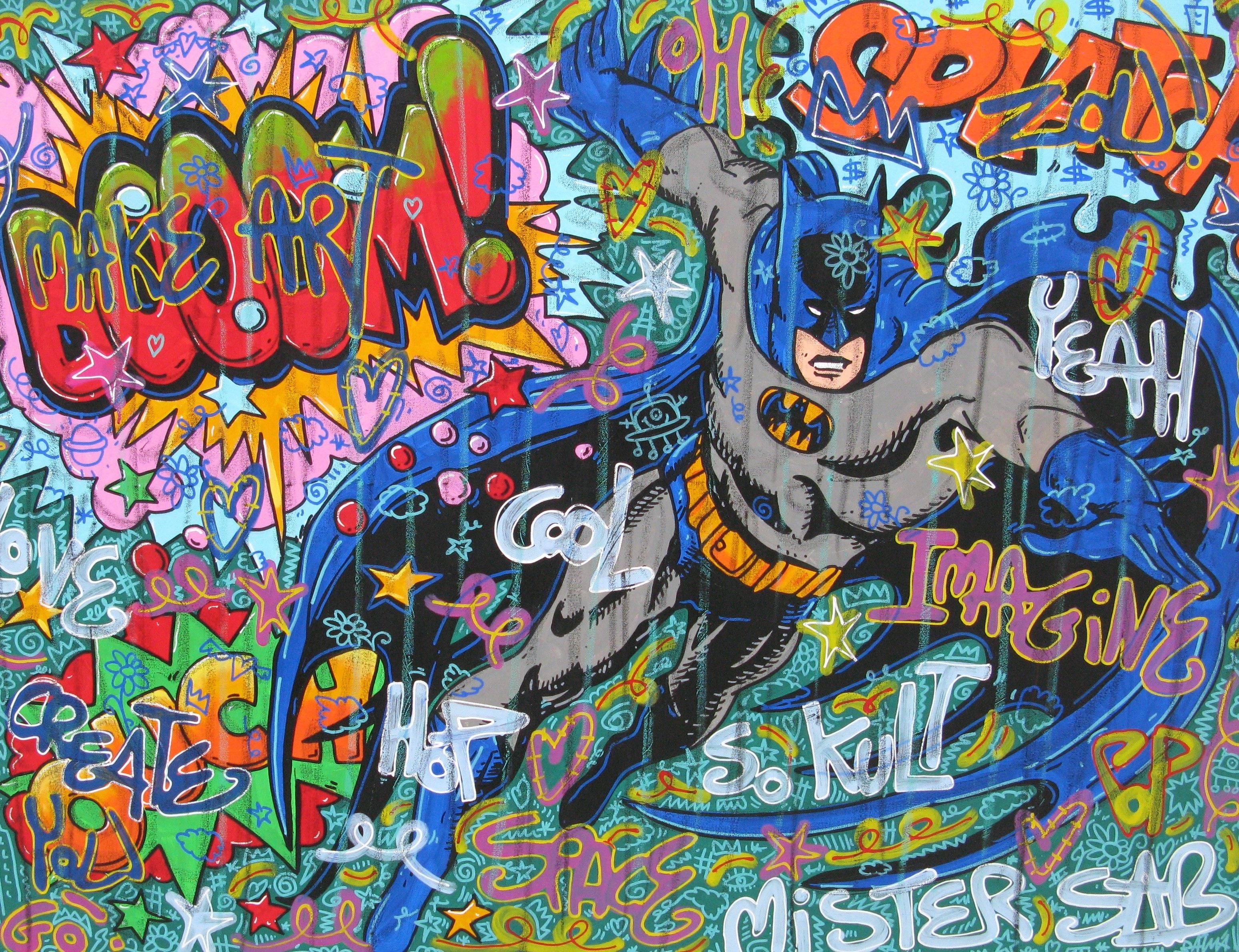 Peinture street art format xxl Yo Batman – RICO SAB – 97 × 130 cm