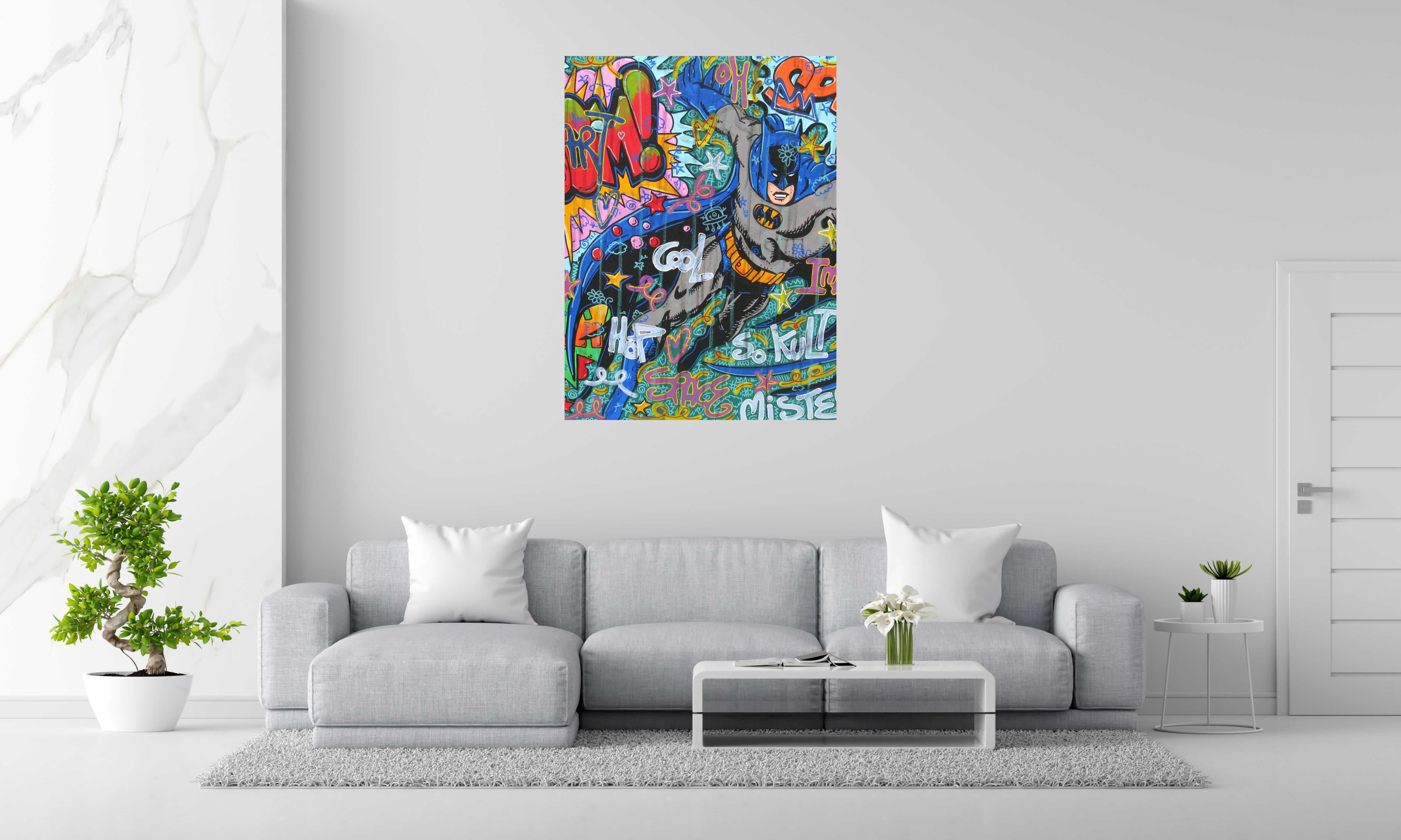 Peinture Yo Batman de RICO SAB dans un intérieur – 97 × 130 cm
