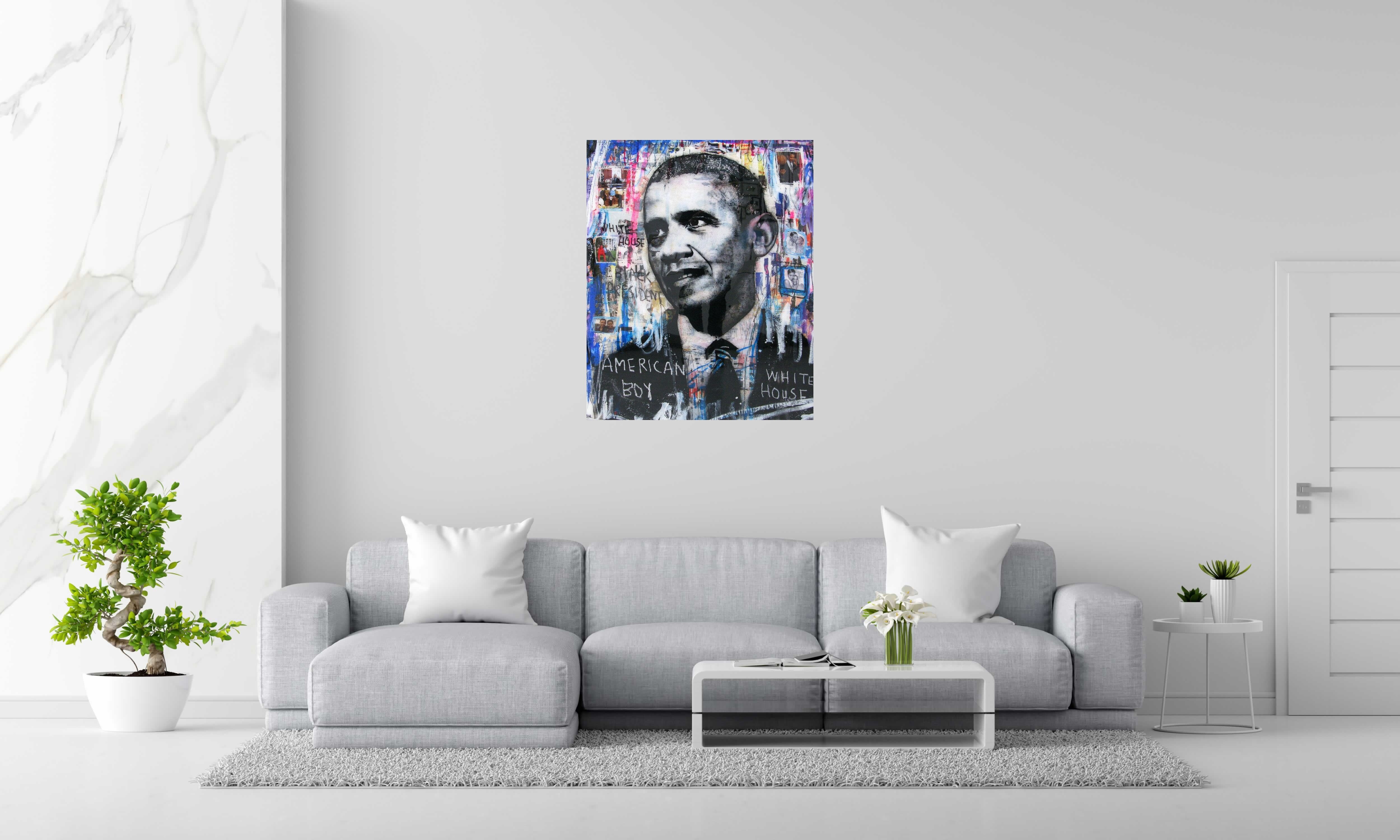Peinture BLACK PRESIDENT de THIERRY RASINE dans un intérieur – 100 × 81 cm