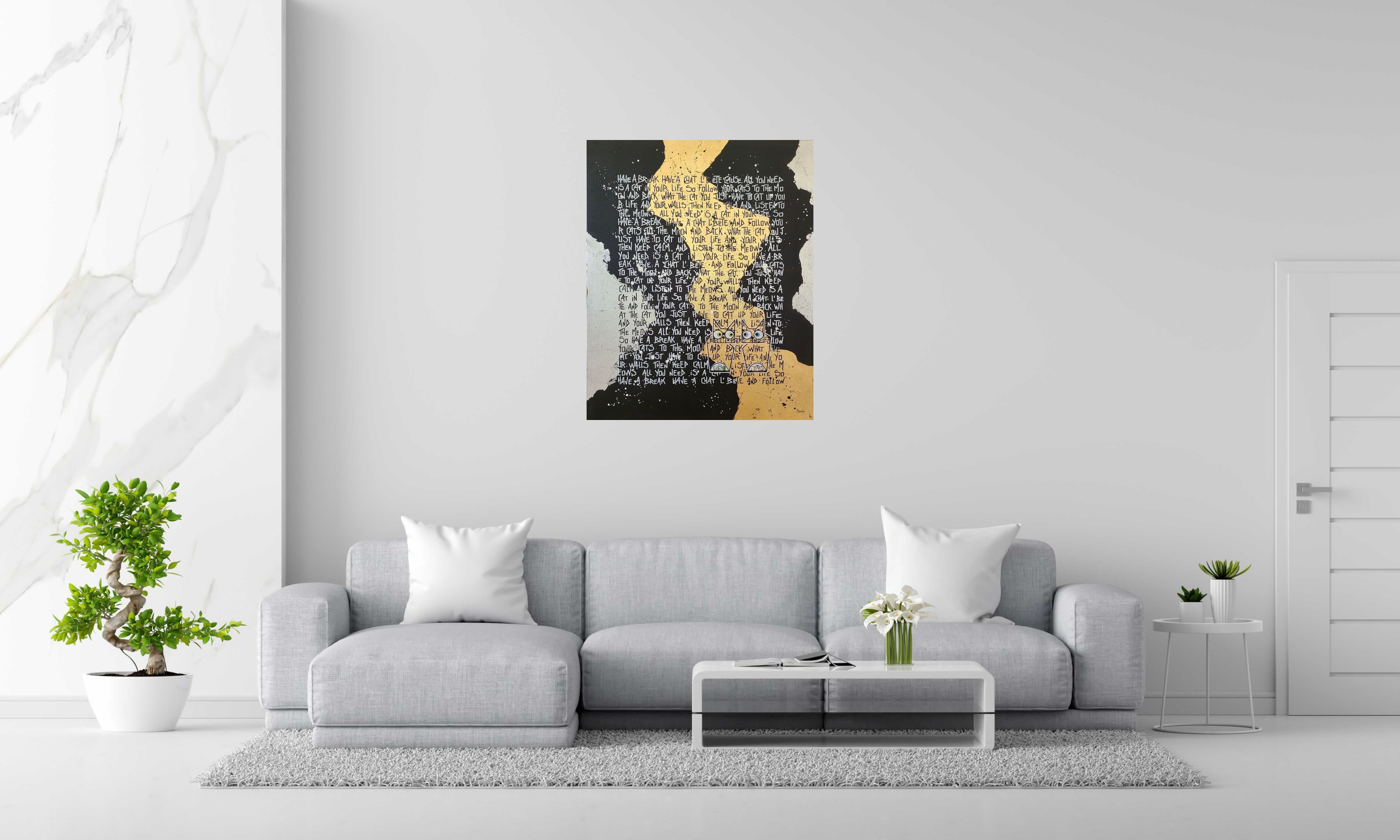 Peinture You're my one cat de Stephanie Godann dans un intérieur – 81 × 100 cm