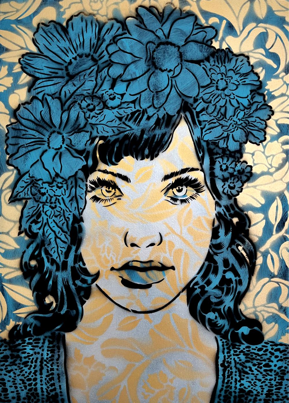 Peinture street art moyen format bleu et bronze BLUE EMPATHY – CHUCK SPERRY – 50 × 70 cm