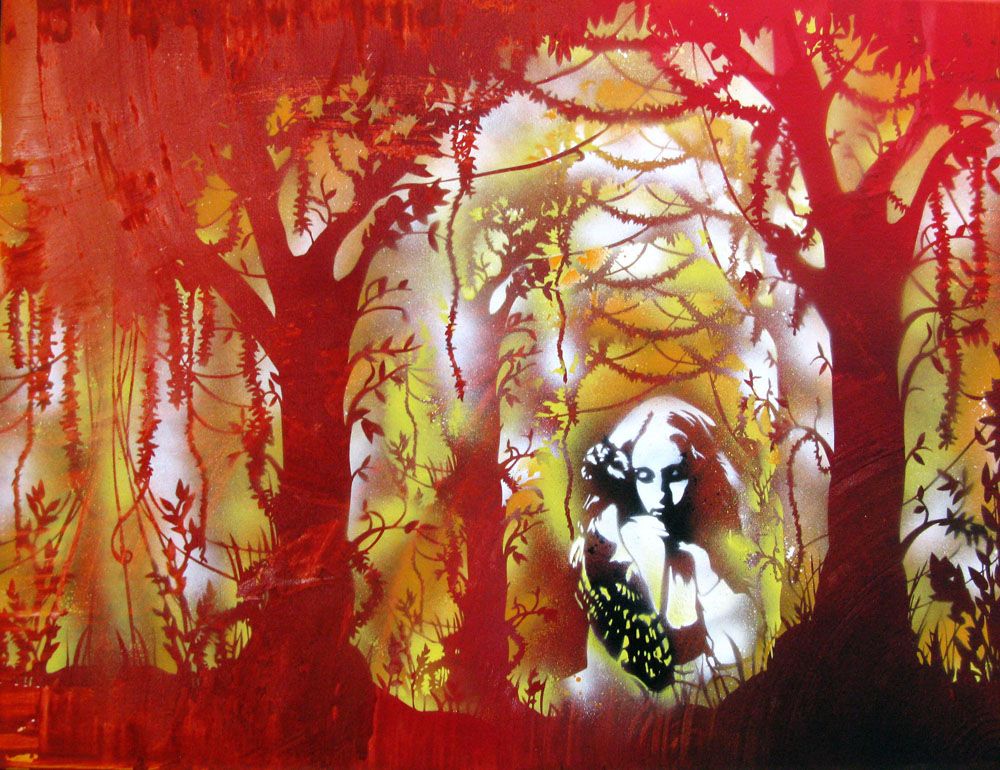 Peinture street art moyen format brun et rouge PUIT DE LUMIERE – KARO TRASS – 60 × 81 cm