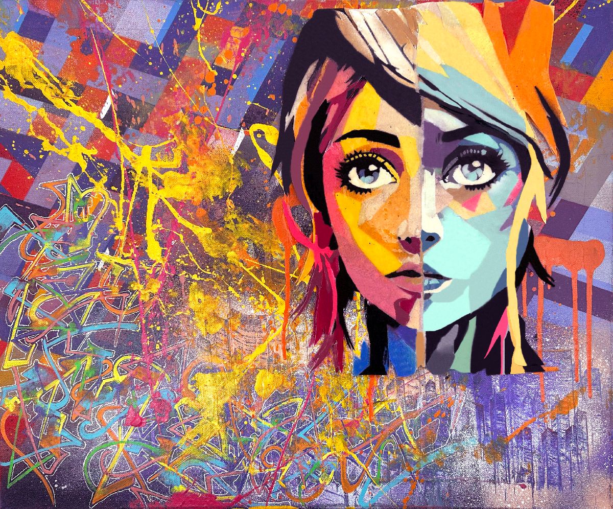 Peinture street art moyen format jaune et mauve Souvenir – Craig & Emer – 54 × 46 cm