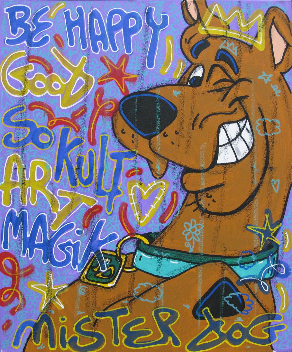 Peinture street art moyen format Mister dog – RICO SAB – 50 × 60 cm
