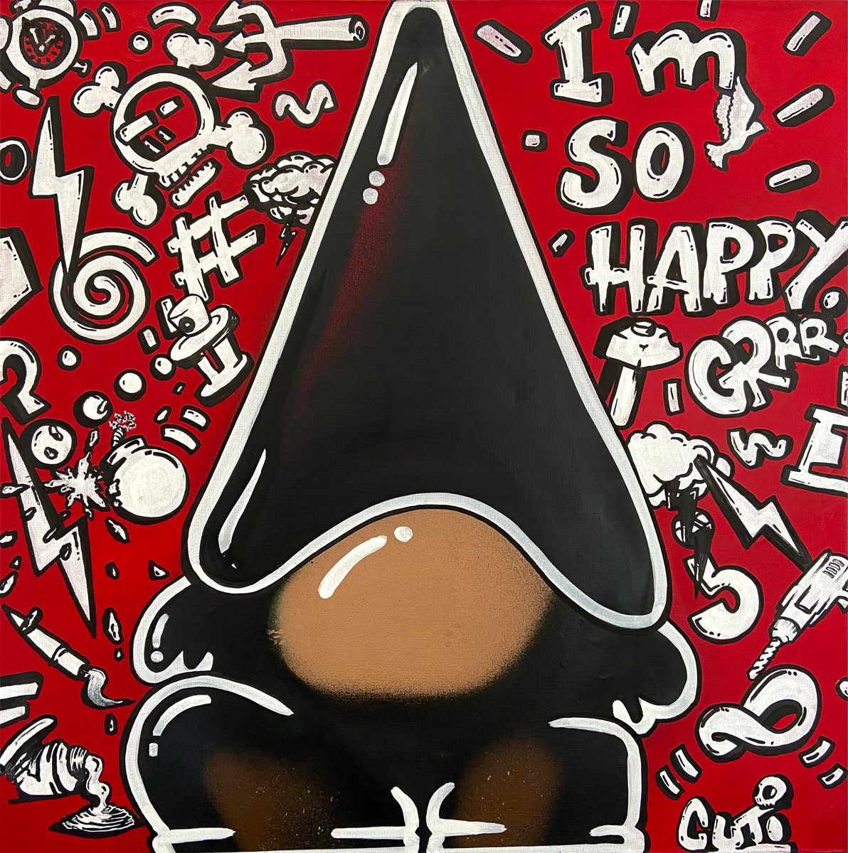 Peinture street art moyen format rouge Grinch – GUTI – 50 × 50 cm