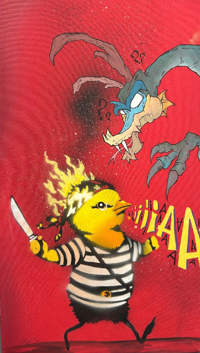 Peinture street art petit format bleu et jaune Red Attack – Craig & Emer – 31 × 54 cm