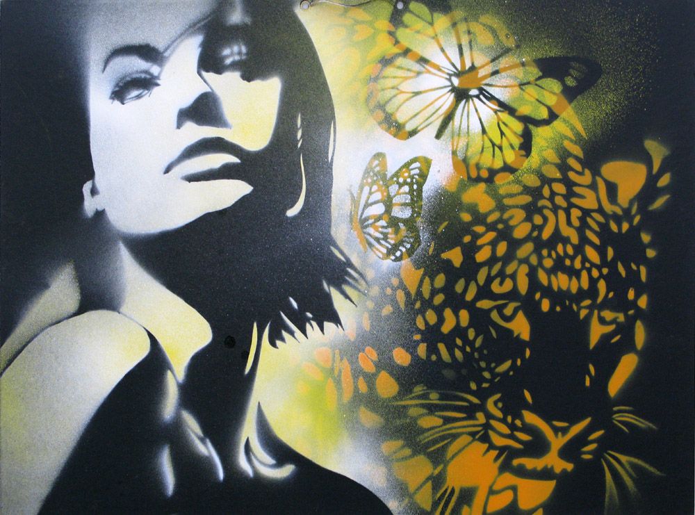 Peinture street art petit format Clémence et son chat – KARO TRASS – 55 × 40 cm
