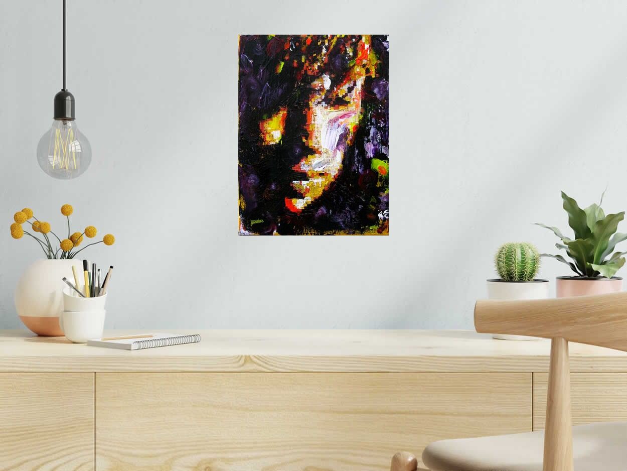 Peinture Réappropriation Humaine-Visage de ville 2 de NICOLAS JESBAC dans un intérieur – 30 × 40 cm