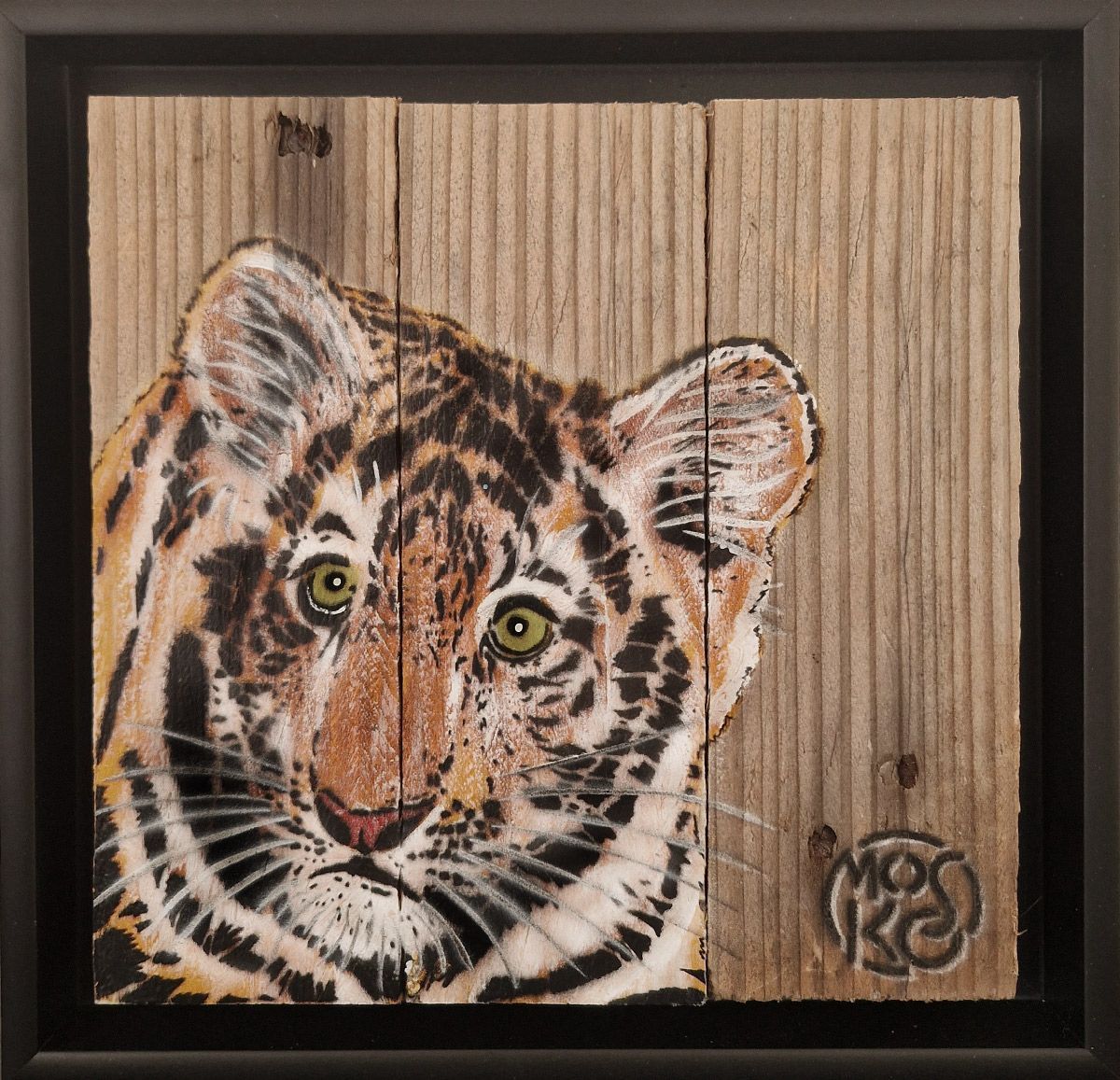 Peinture street art petit format noir et orange Bébé tigre – MOSKO – 20 × 20 cm