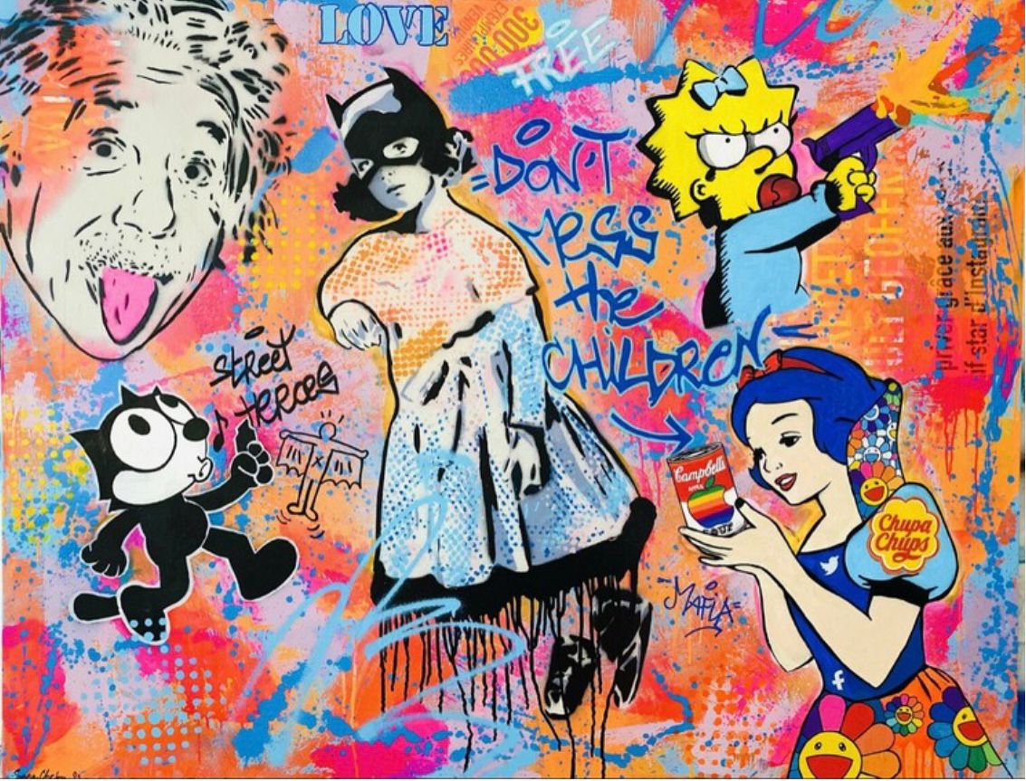 Peinture street art très grand format Don't Mess the Children – SARA CHELOU – 146 × 114 cm