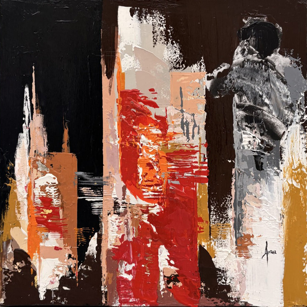 Peinture abstraite acrylique noir et rouge de Farid Amrar, 50 x 50 cm