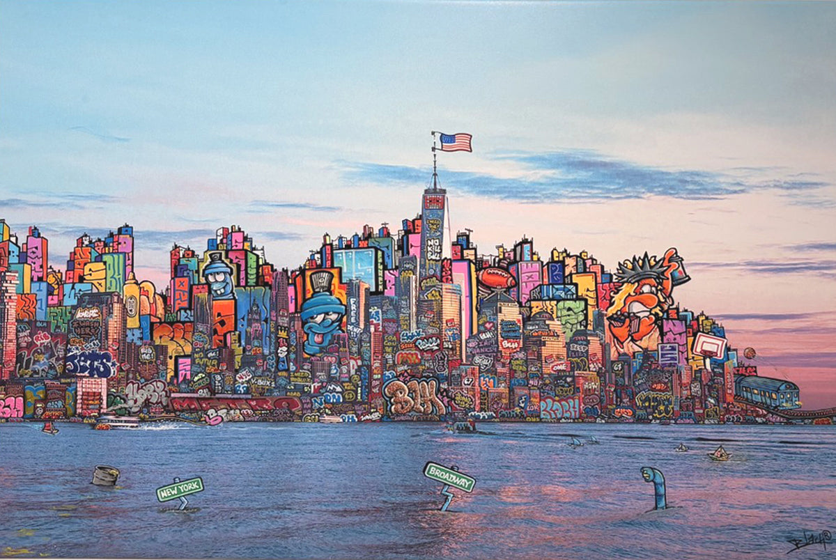 Peinture street art de Manhattan taguée, acrylique et technique mixte sur toile, 150 x 100 cm, pièce unique de Blach