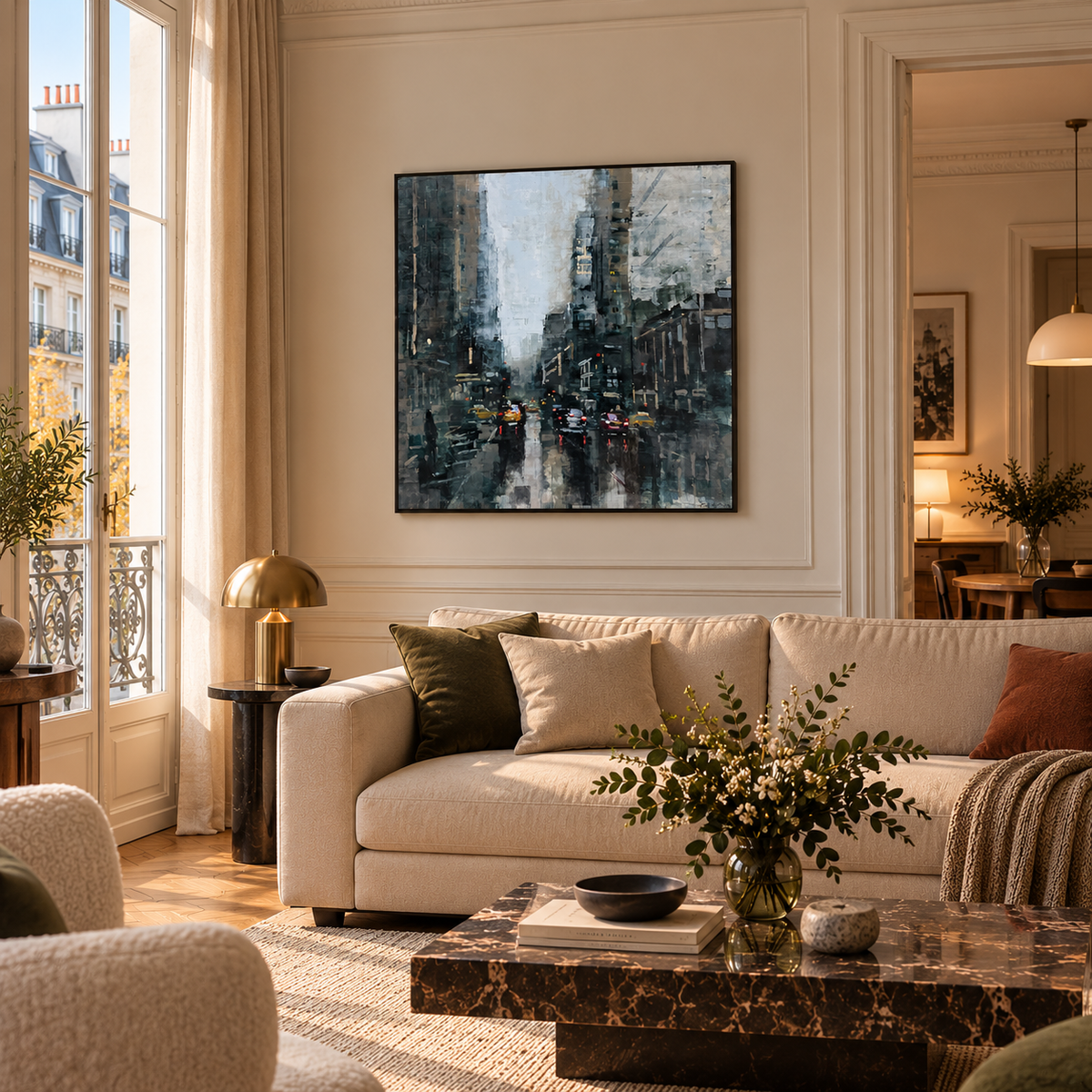 Peinture Manhattan Evening Storm de ADRIEN FAVEAU dans un intérieur – 100 × 100 cm