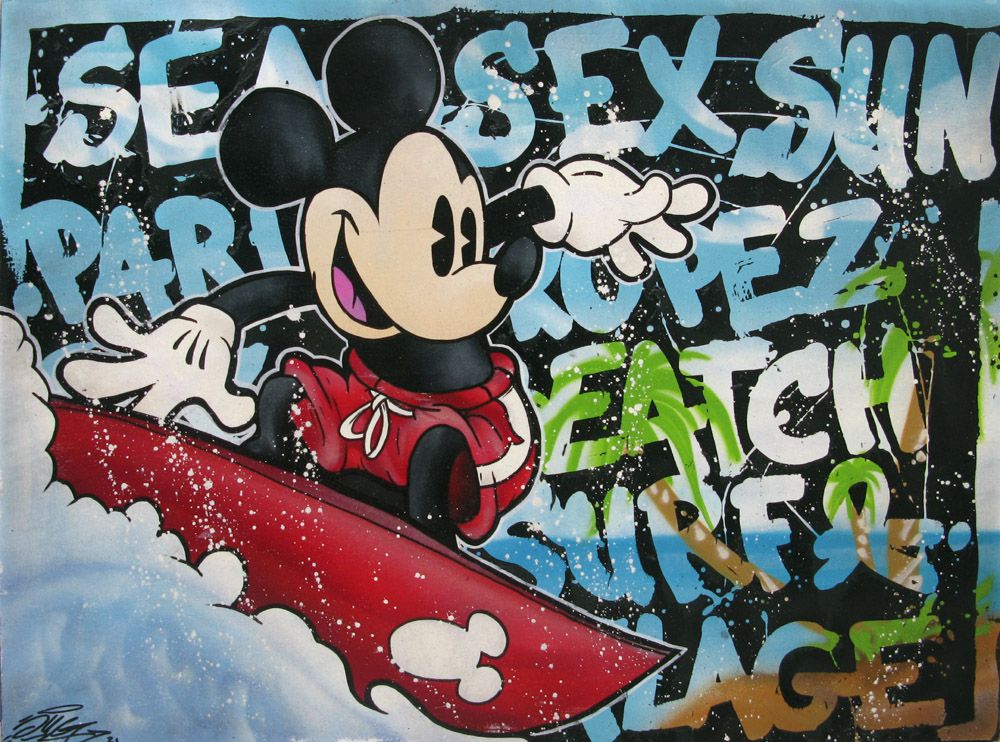 Peinture très grand format MICKEY SURFING – JUG – 97 × 130 cm