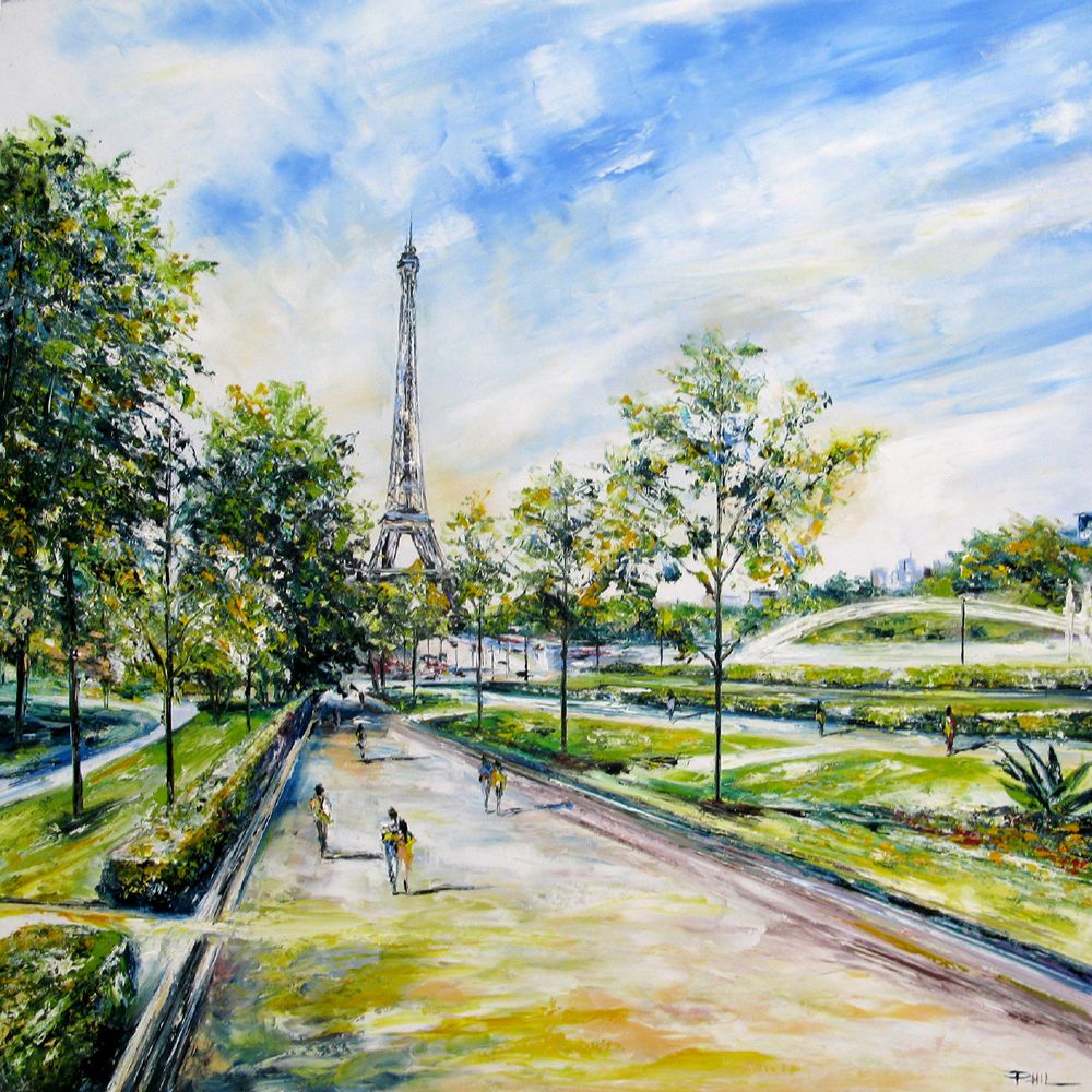 Tableau de PHIL a pour titre  Jardin du Trocadero style figuratif dim : PHILprix:700