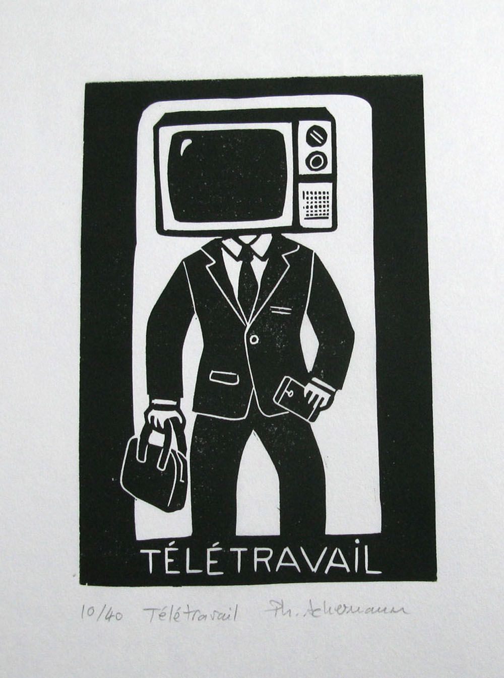 Dessin de PHILIPPE ACHERMANN a pour titre  TELETRAVAIL NOIR style graphique dim : PHILIPPE ACHERMANNprix:40