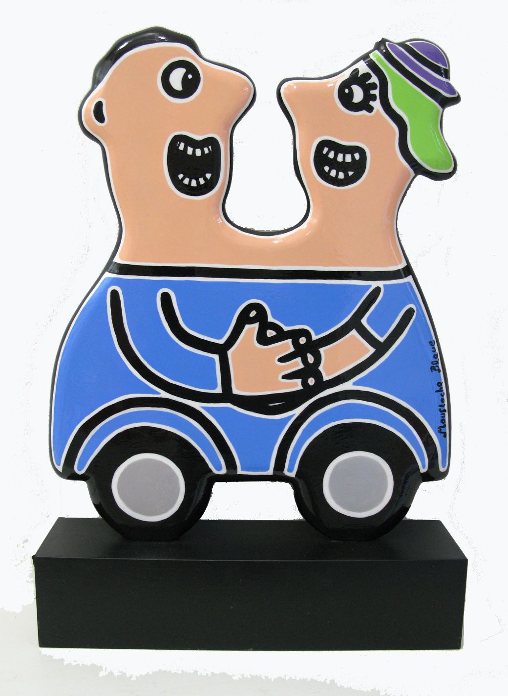Sculpture figuratif petit format bleu Promenade amoureuse – MOUSTACHE BLEUE – 40 × 50 cm