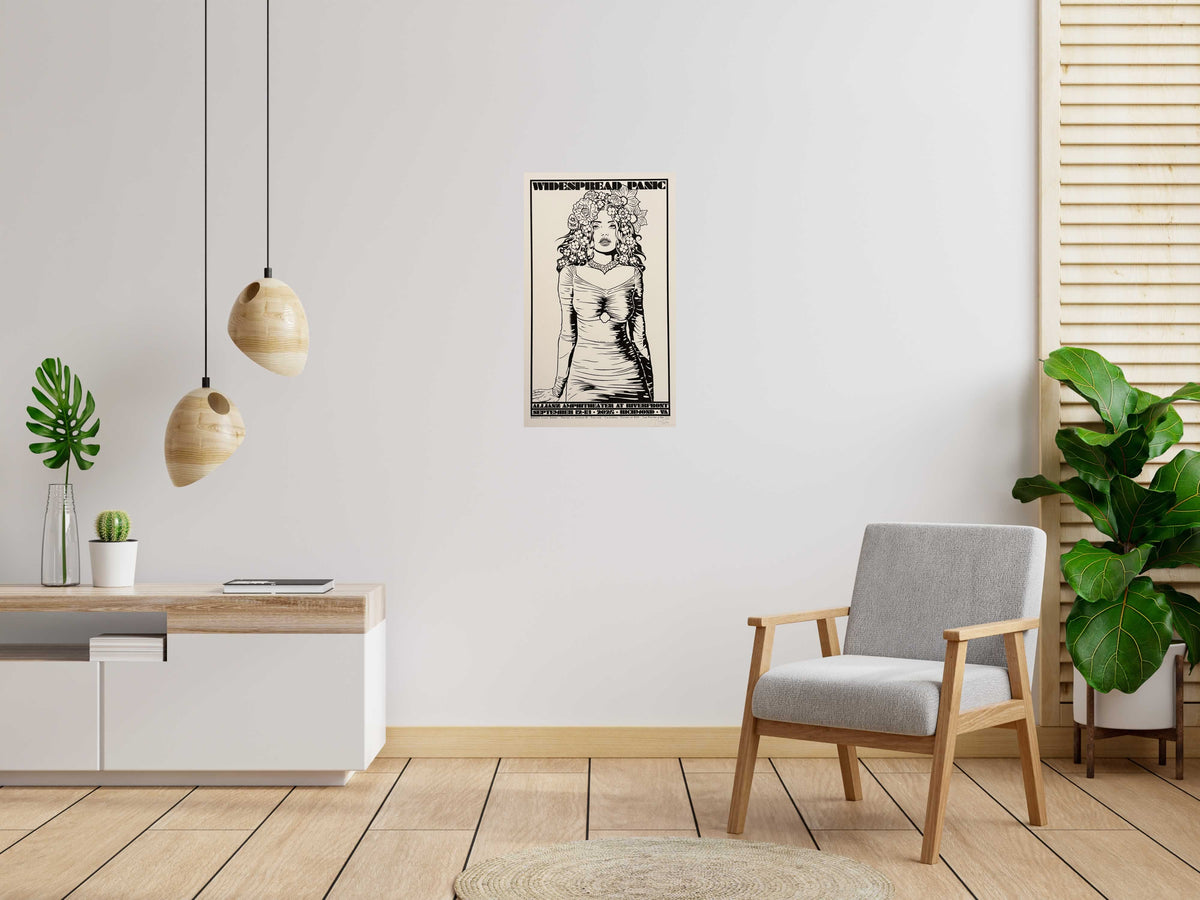 Serigraphie JUNO WIDSPREAD PANIC test BW de CHUCK SPERRY dans un intérieur – 50 × 84 cm