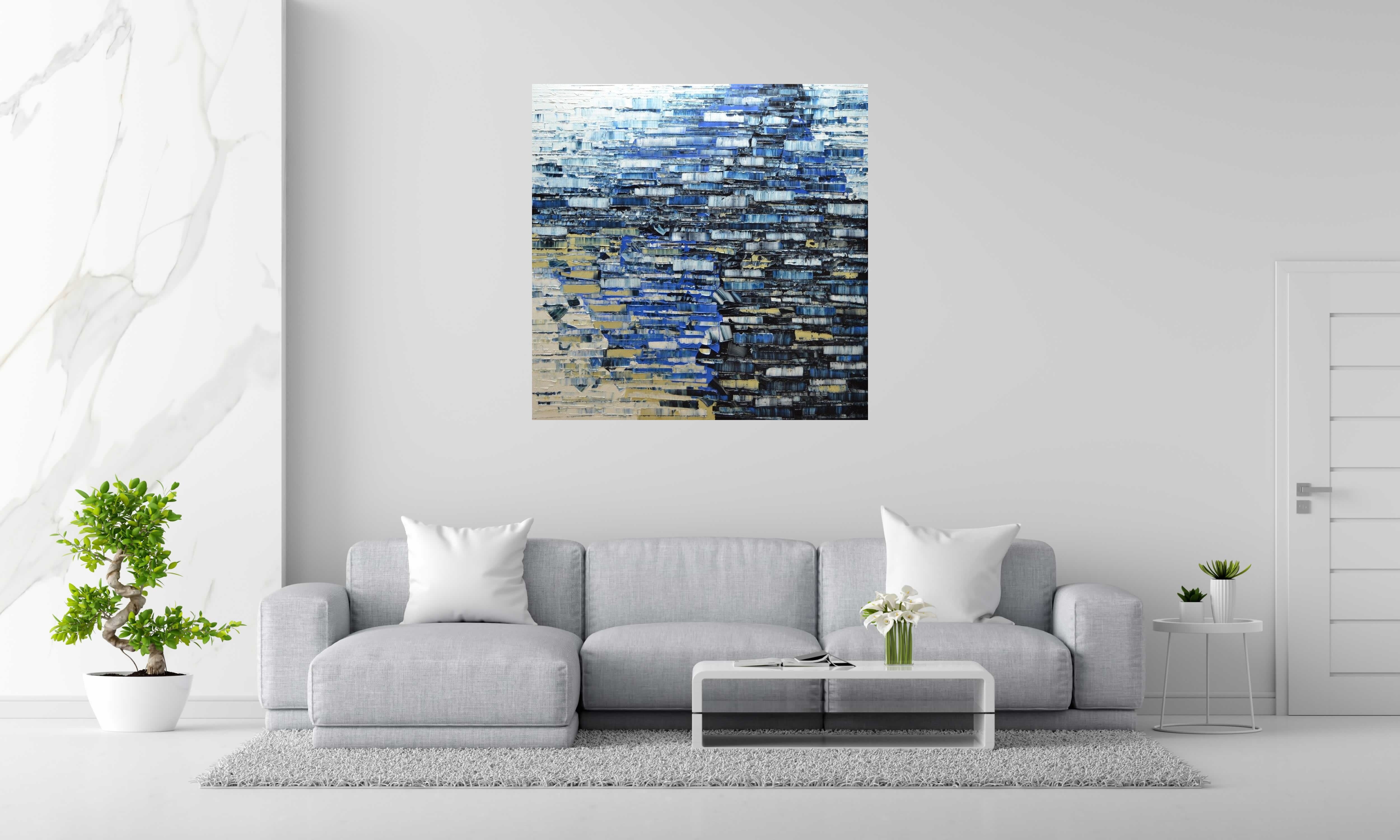 Tableau Peinture abstraite 04-2025-30 de ALAIN BECANNE dans un intérieur – 120 × 120 cm