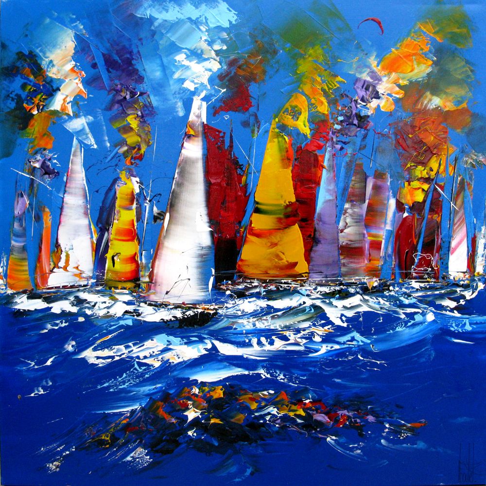 Tableau abstrait format xxl REGATE A LA TOMBE DE LA NUIT – F. BOUTET – 100 × 100 cm