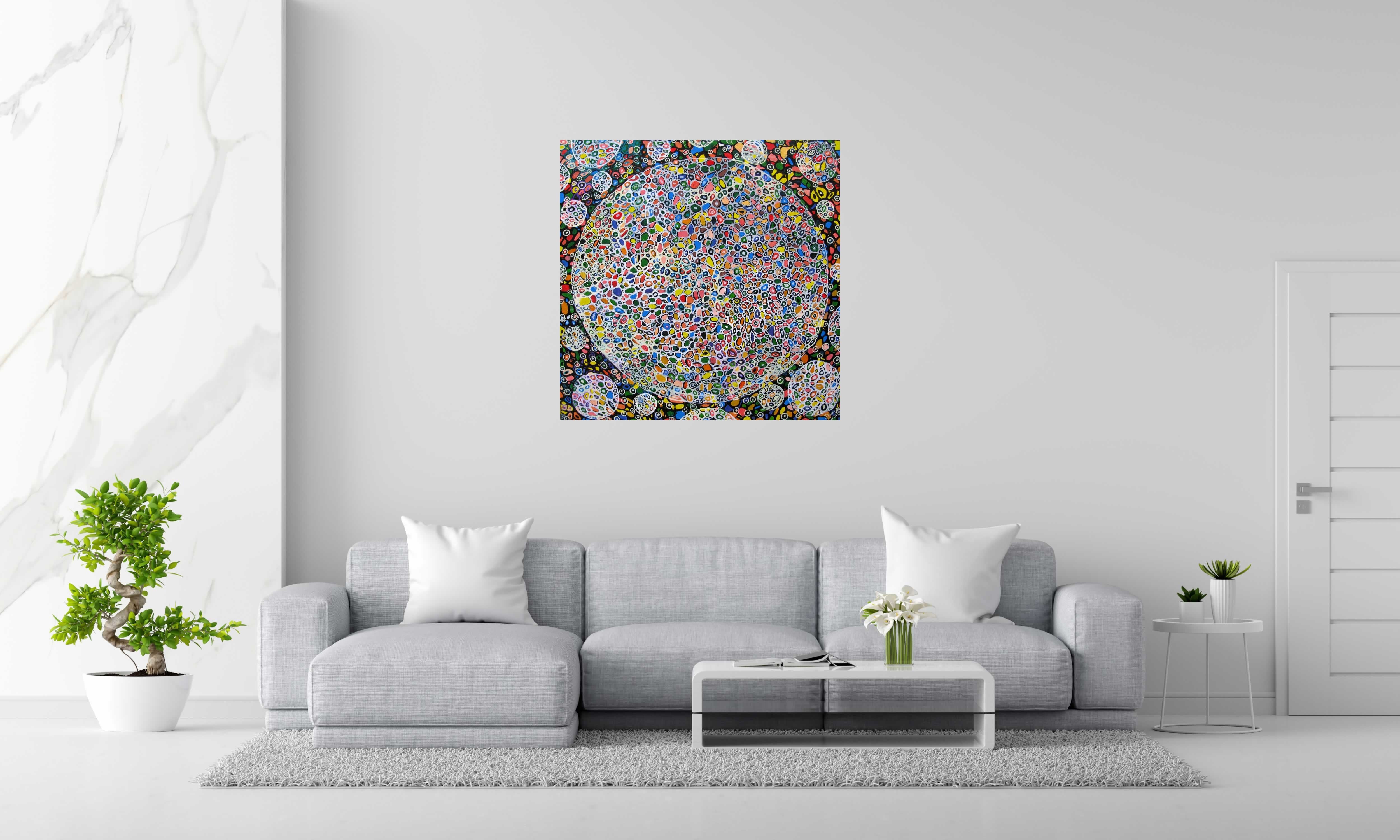 Tableau MICROMONDE 5 de JAVIER RAMIREZ dans un intérieur – 100 × 100 cm