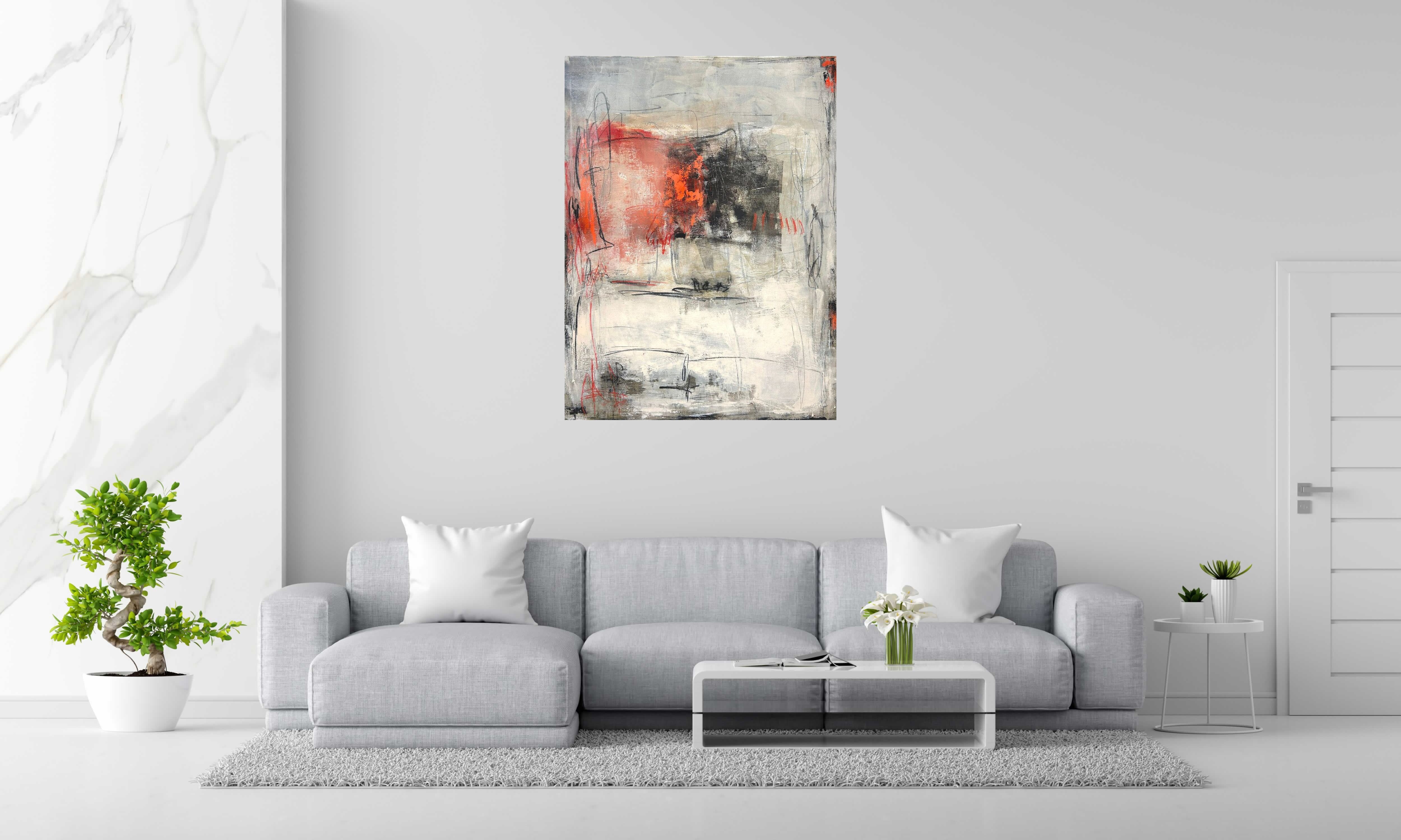 Tableau Nuances rouge capucine de TANIA CARRARA dans un intérieur – 97 × 130 cm