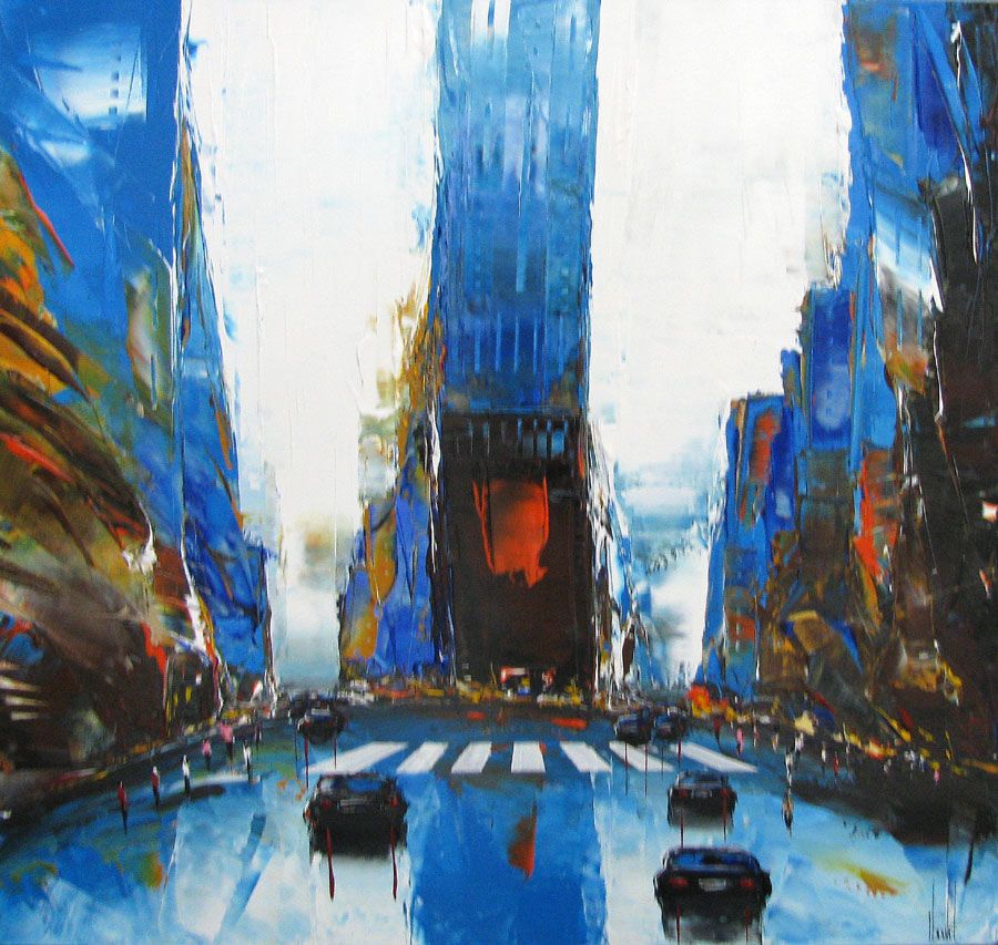 Tableau abstrait grand format bleu SANS TITRE – F. BOUTET – 100 × 100 cm