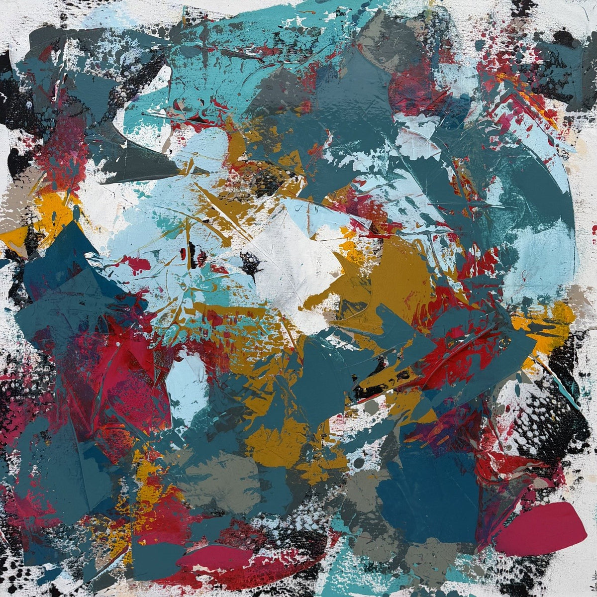Tableau abstrait bleu et rose grand format de Céline Weber, STORM, acrylique sur toile 100 x 100 cm