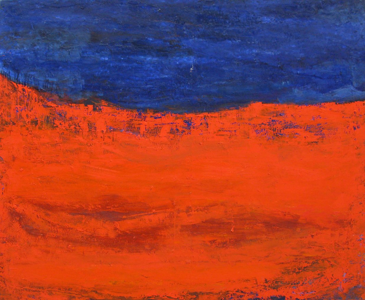 Tableau abstrait grand format bleu et rouge Nuit rouge – PASCALE JACQUEMOND – 100 × 81 cm