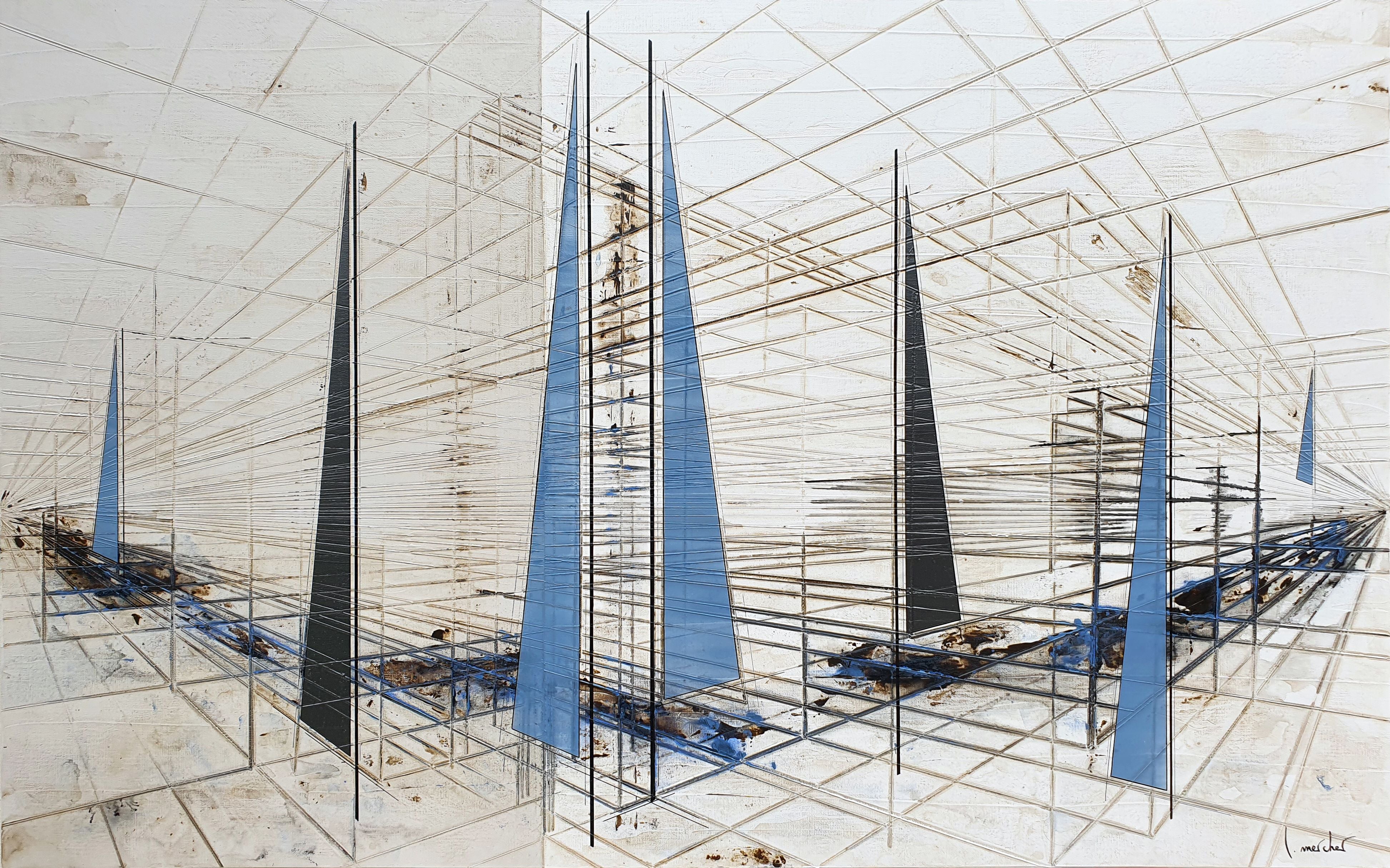 Tableau abstrait grand format BLUE RACE – LUDOVIC MERCHER – 116 × 73 cm