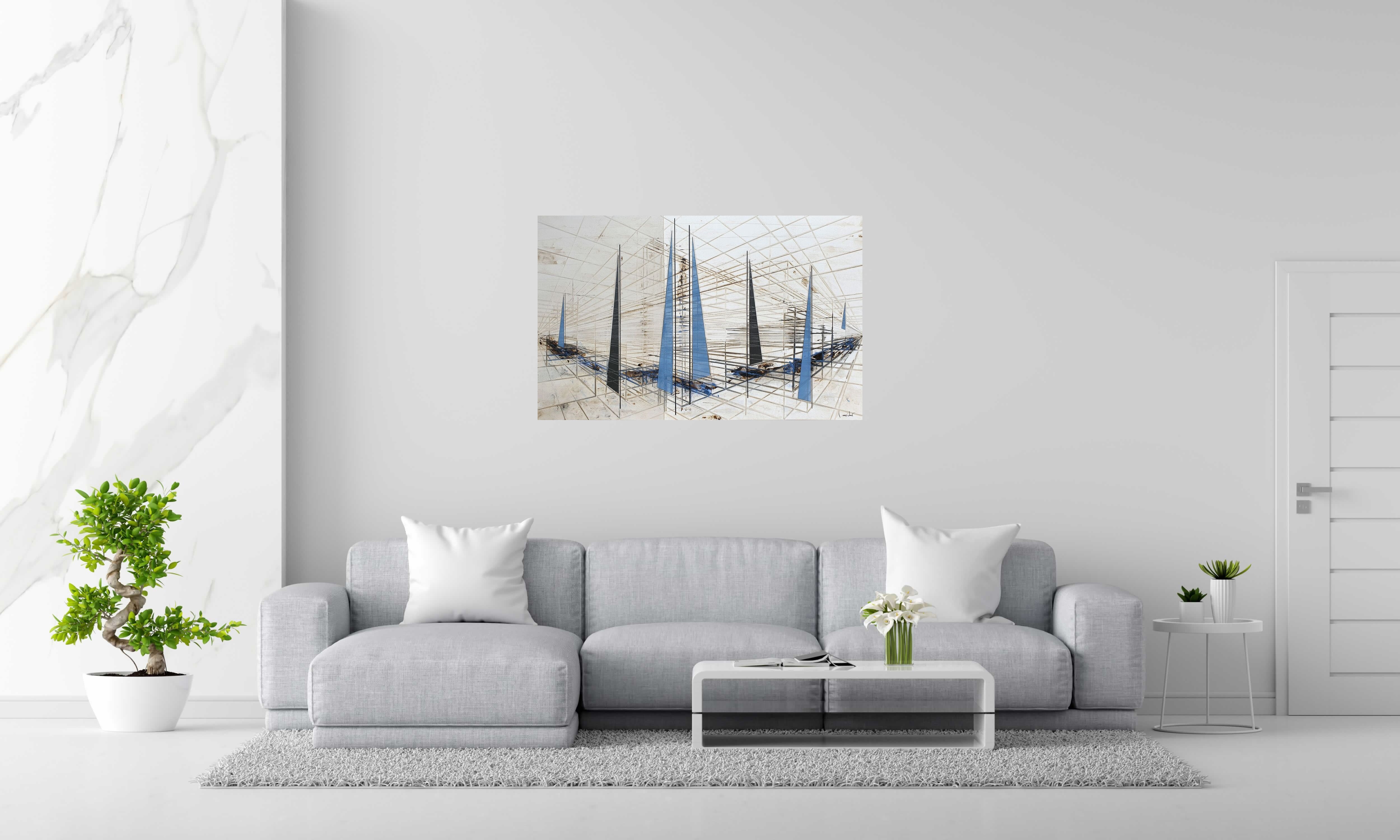 Tableau BLUE RACE de LUDOVIC MERCHER dans un intérieur – 116 × 73 cm