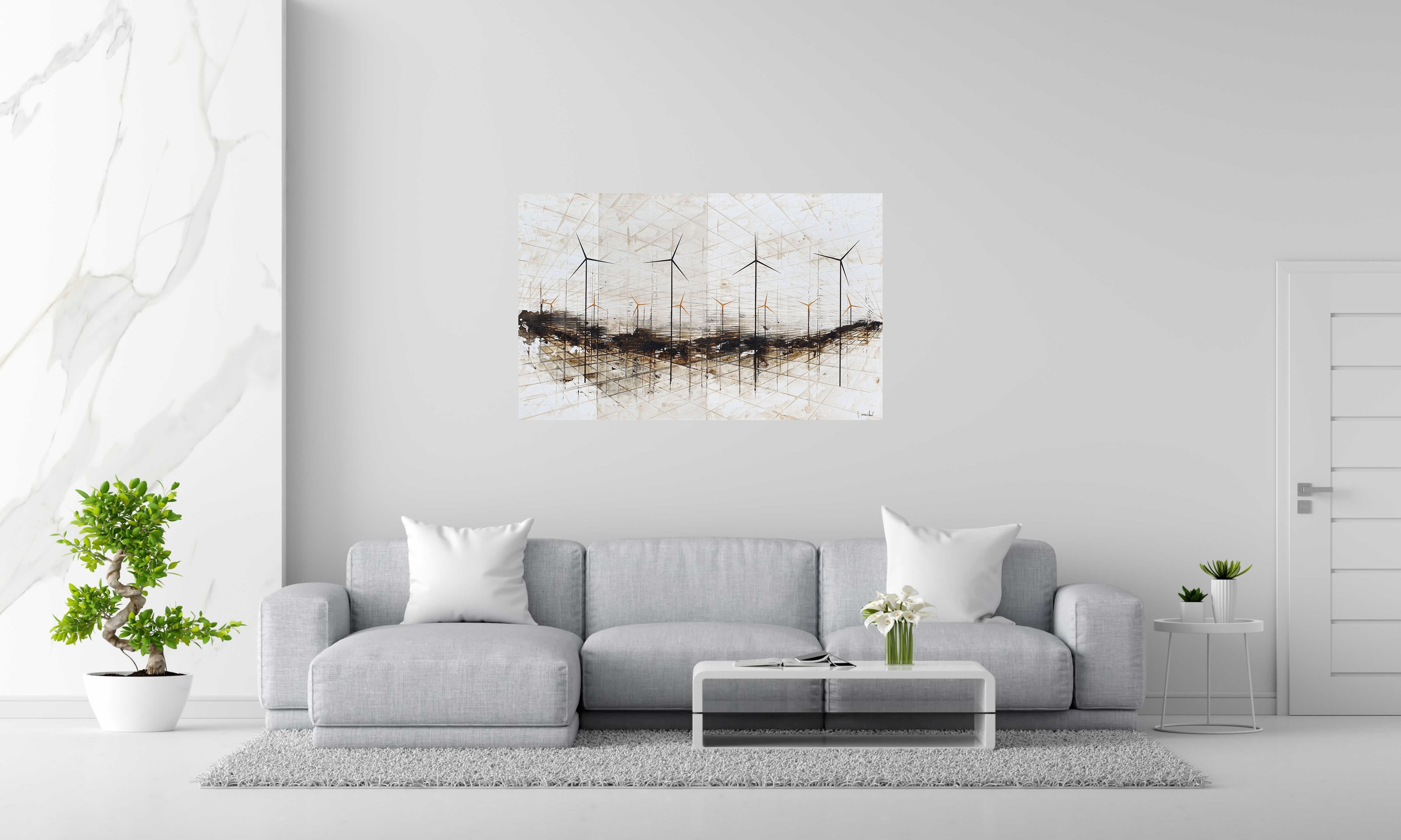 Tableau GOLDEN WIND de LUDOVIC MERCHER dans un intérieur – 130 × 810 cm