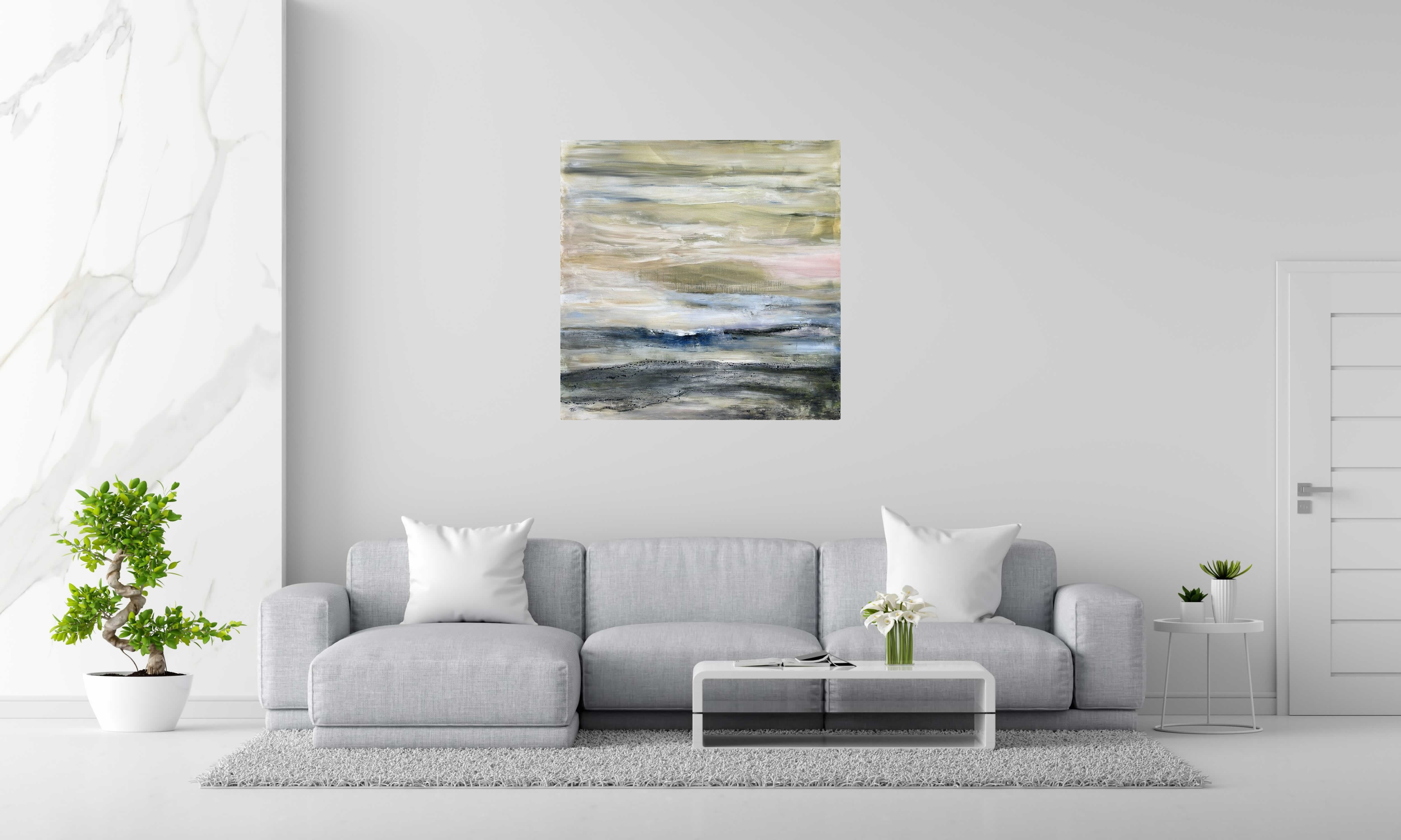 Tableau Sables blancs de PASCALE JACQUEMOND dans un intérieur – 100 × 100 cm