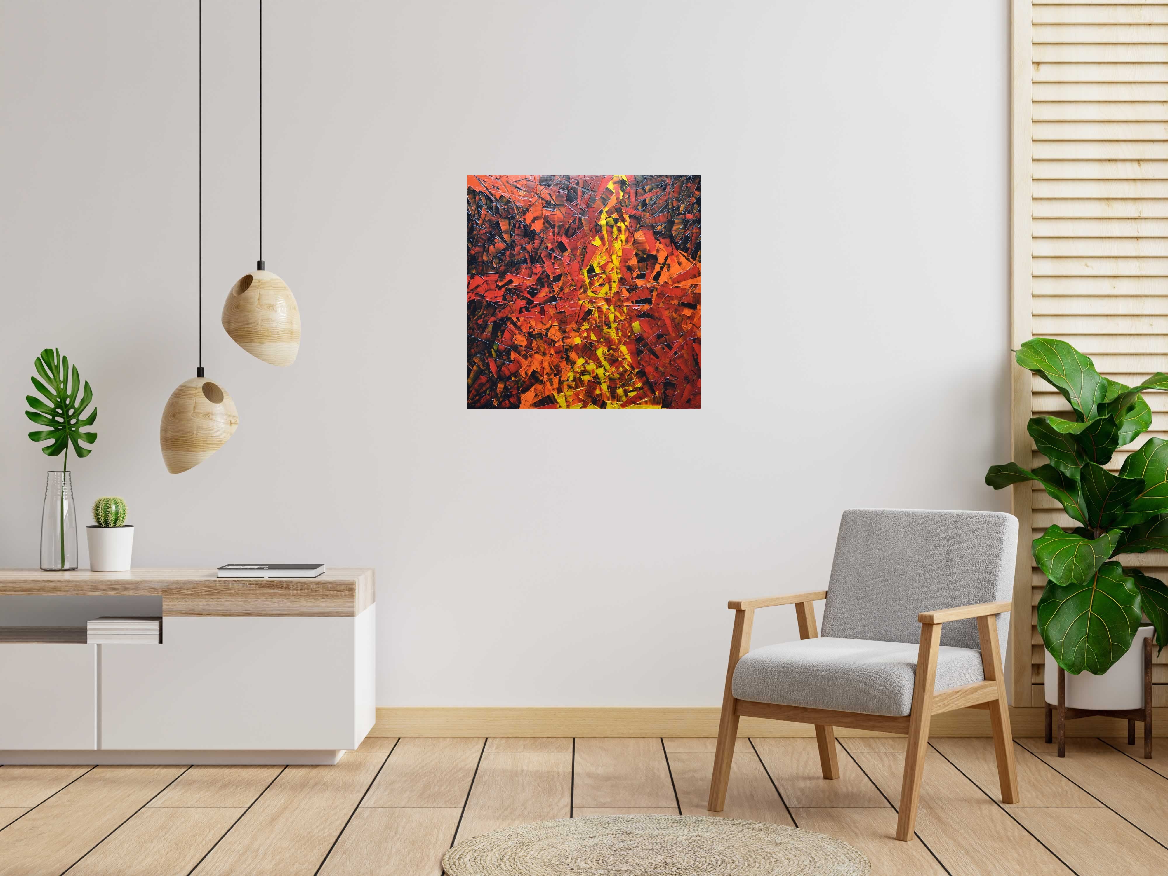 Tableau Peinture abstraite 01-2025-5 de ALAIN BECANNE dans un intérieur – 80 × 80 cm