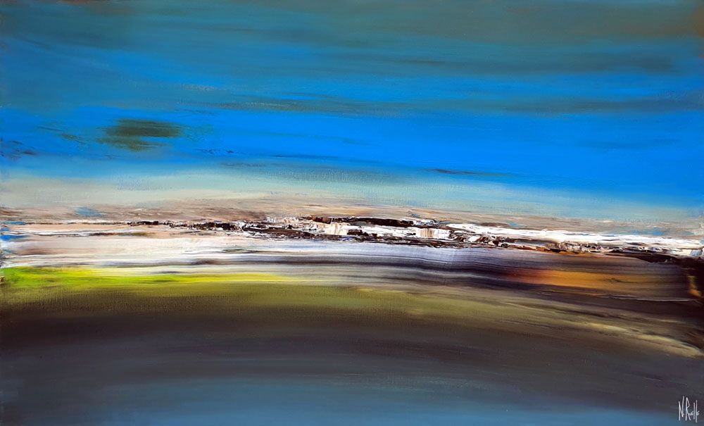 Tableau abstrait grande taille bleu et brun MIRAGE – RUELLE NICOLAS – 89 × 146 cm