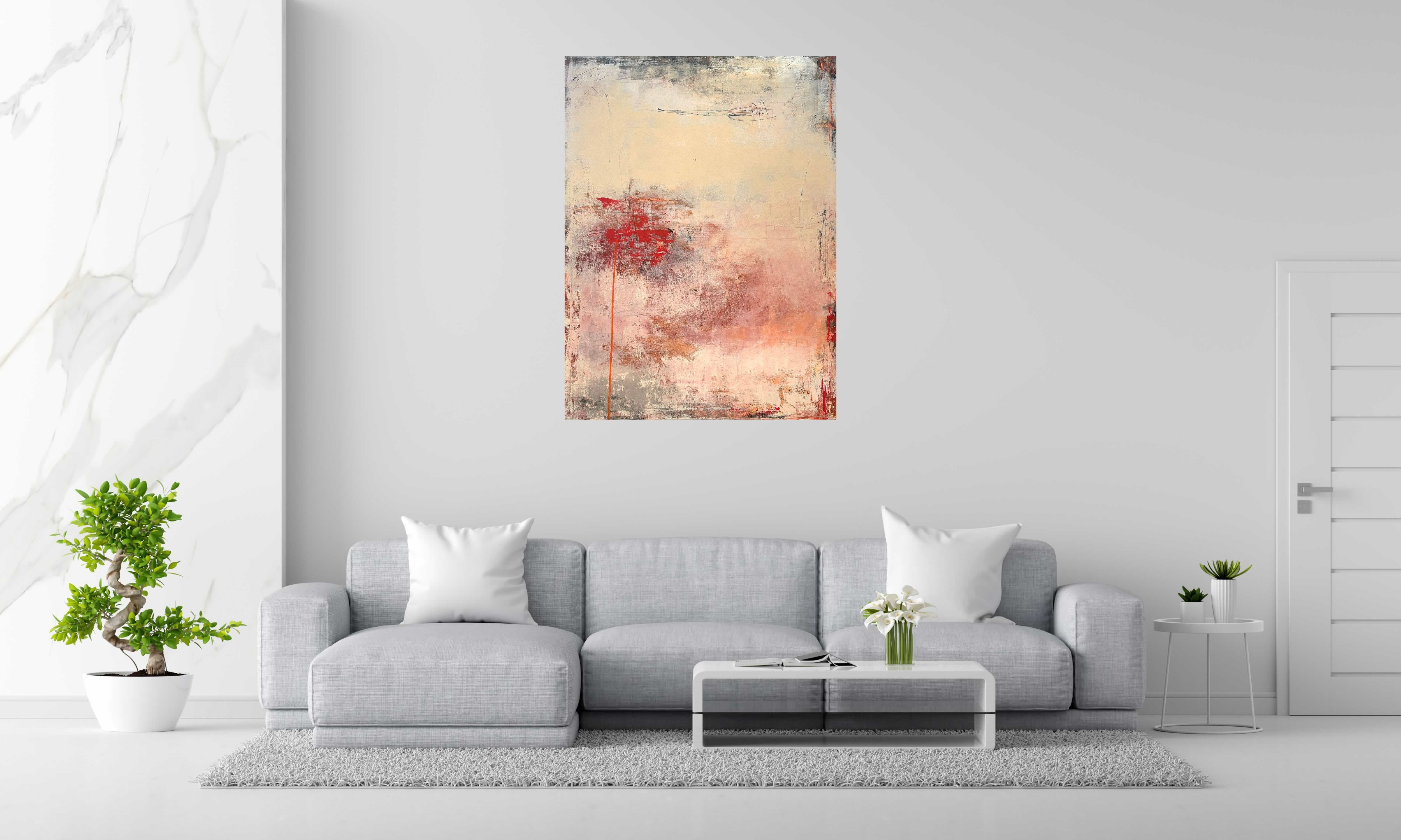 Tableau Nuances vermillon de TANIA CARRARA dans un intérieur – 97 × 130 cm