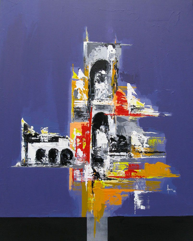 Tableau abstrait grande taille violet Construction inachevée – FARID AMRAR – 70 × 90 cm