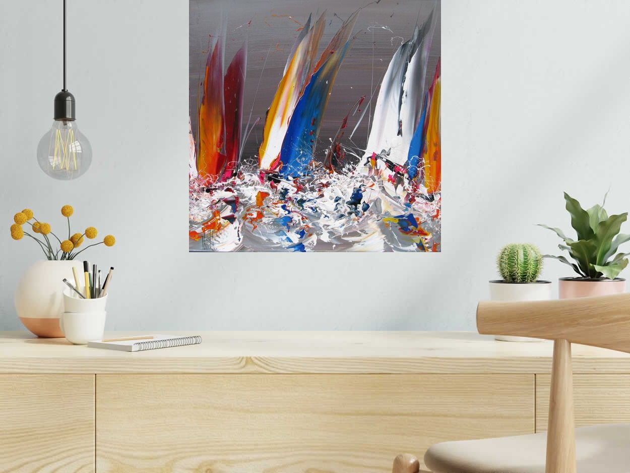 Tableau MARINE ABSTRAITE 2023-25 de F. BOUTET dans un intérieur – 50 × 50 cm