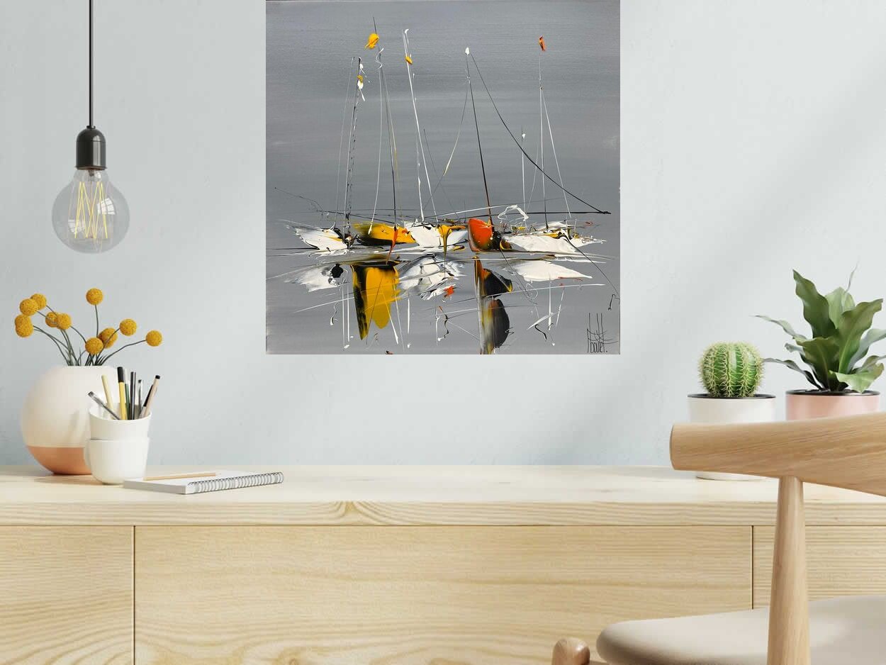 Tableau MARINE ABSTRAITE 2023-28 de F. BOUTET dans un intérieur – 50 × 50 cm