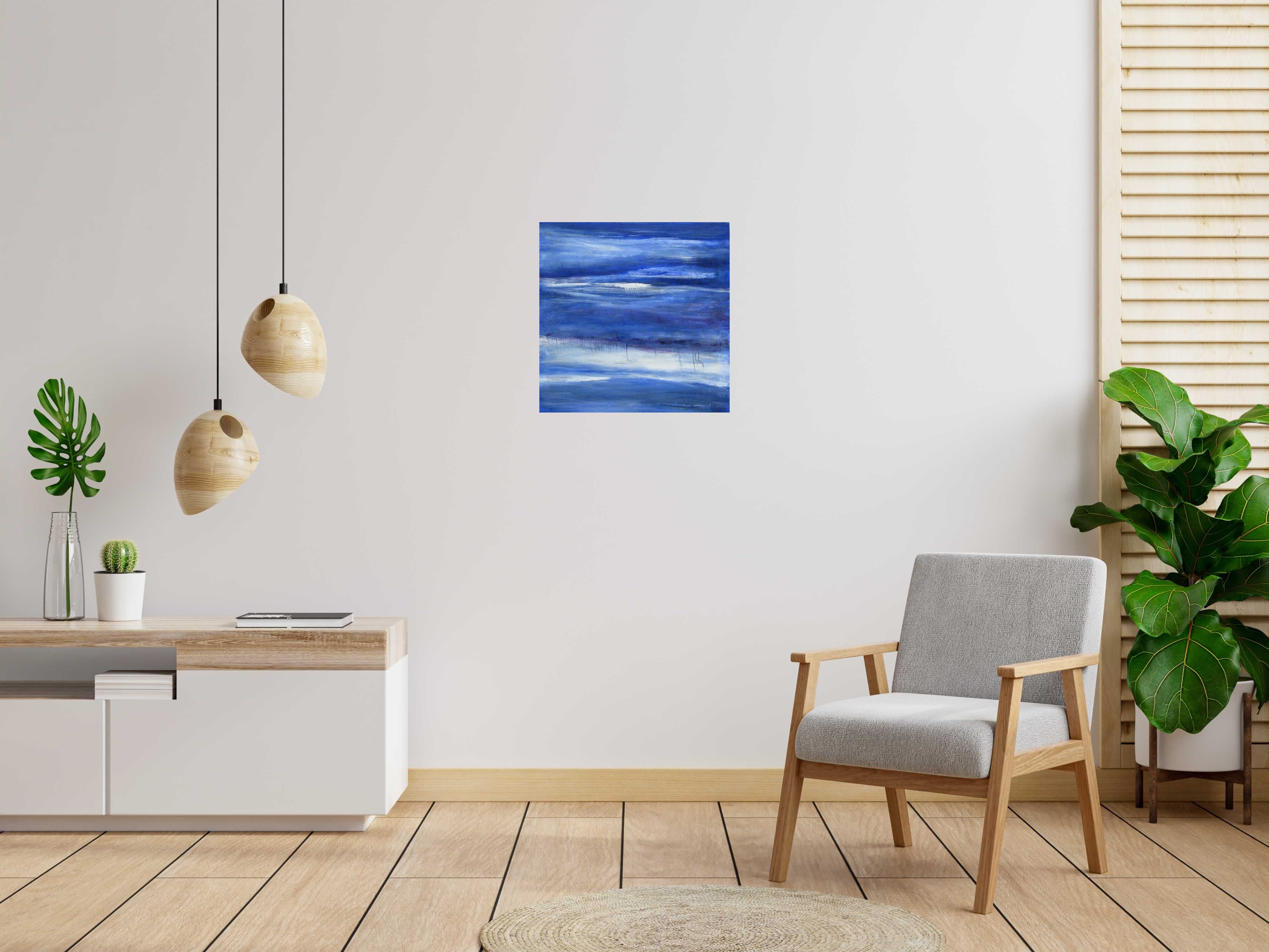 Tableau AQUA 2 de PASCALE JACQUEMOND dans un intérieur – 60 × 60 cm