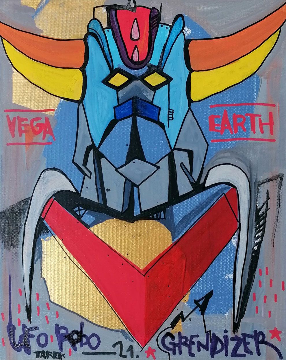 Tableau abstrait petit format UFO ROBO GRENDIZER – TAREK – 33 × 41 cm