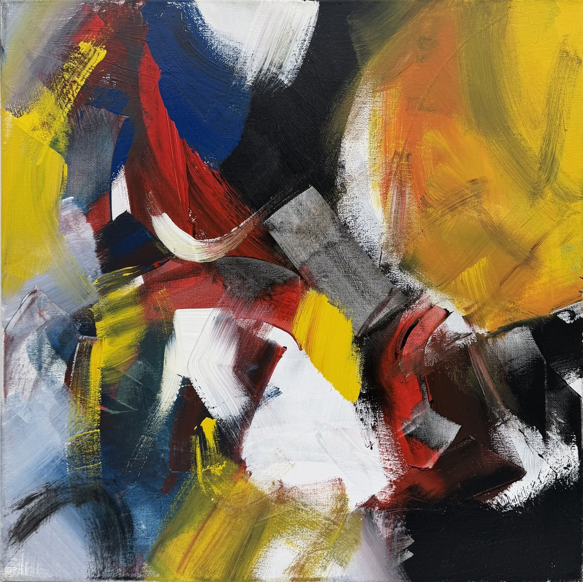 Tableau abstrait acrylique rouge et jaune de JM Barrois, 50 x 50 cm, signé au verso