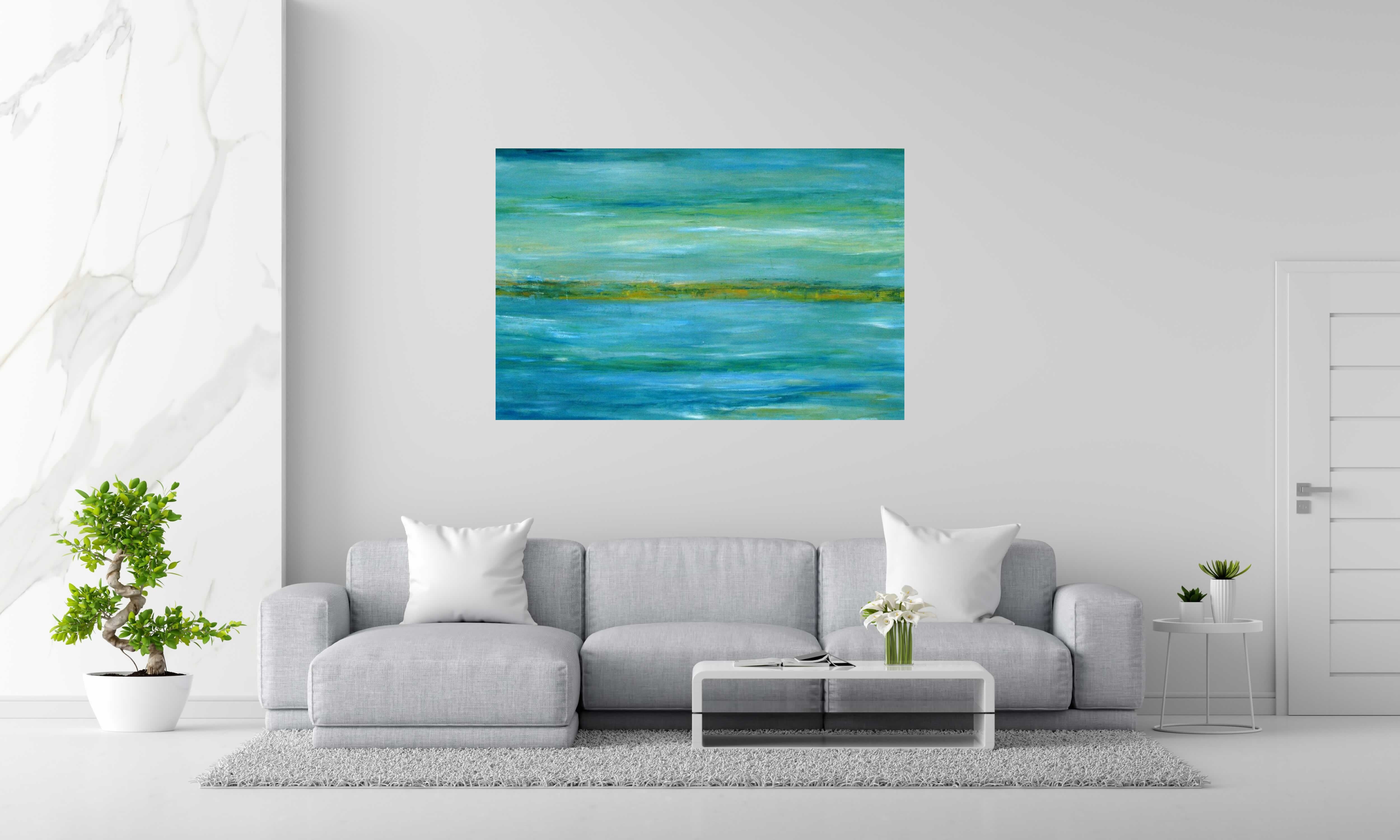 Tableau Aquatique de PASCALE JACQUEMOND dans un intérieur – 146 × 97 cm