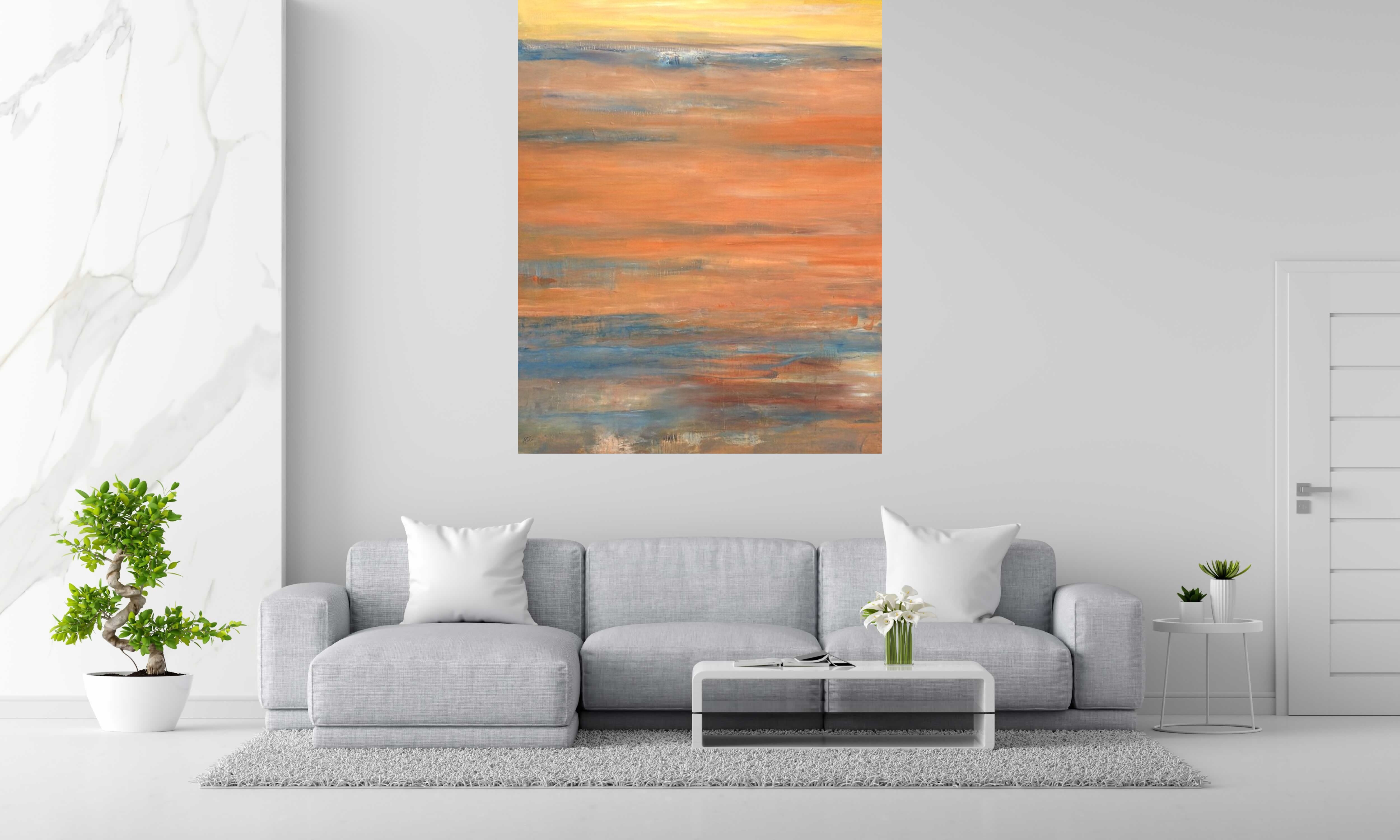 Tableau Sables oranges de PASCALE JACQUEMOND dans un intérieur – 130 × 162 cm