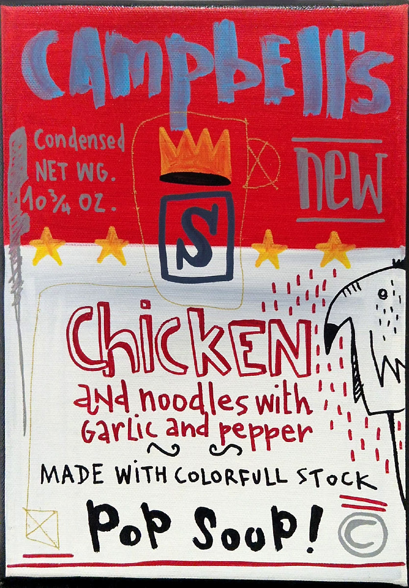 Tableau street art petit format rouge et blanc de Tarek, Campbell's Pop Soup, acrylique et posca sur toile
