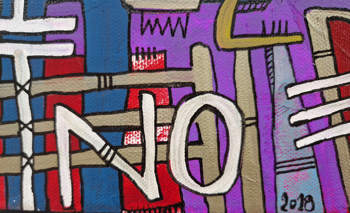 Tableau Purple Geo NO de TAREK dans un intérieur – 18 × 14 cm