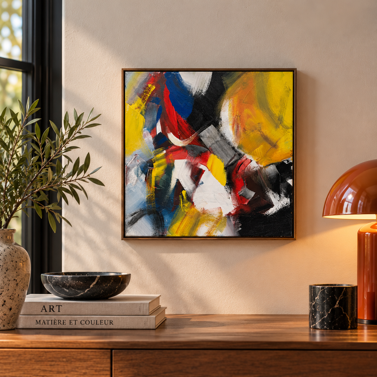 Tableau Sans-titre de JM BARROIS dans un intérieur – 50 × 50 cm