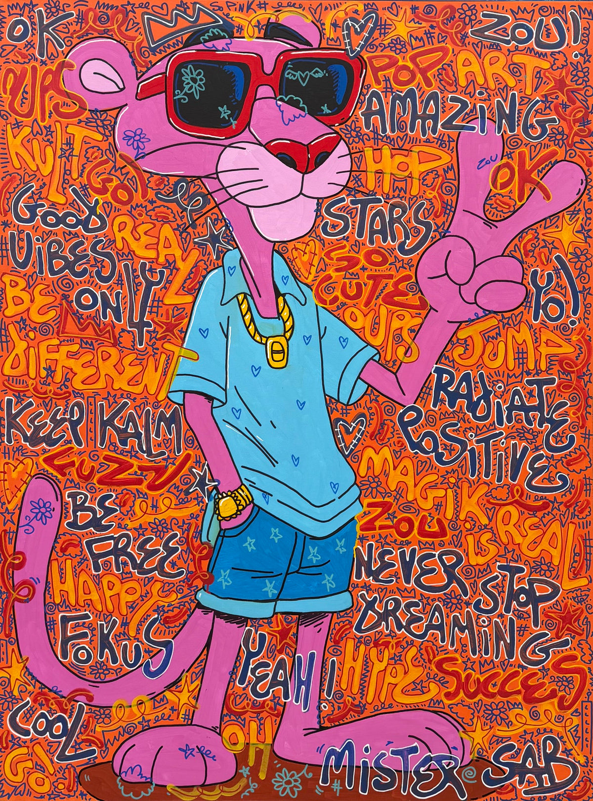 Tableau Stars de Rico Sab, acrylique, pastel et posca sur toile, 97 x 130 cm